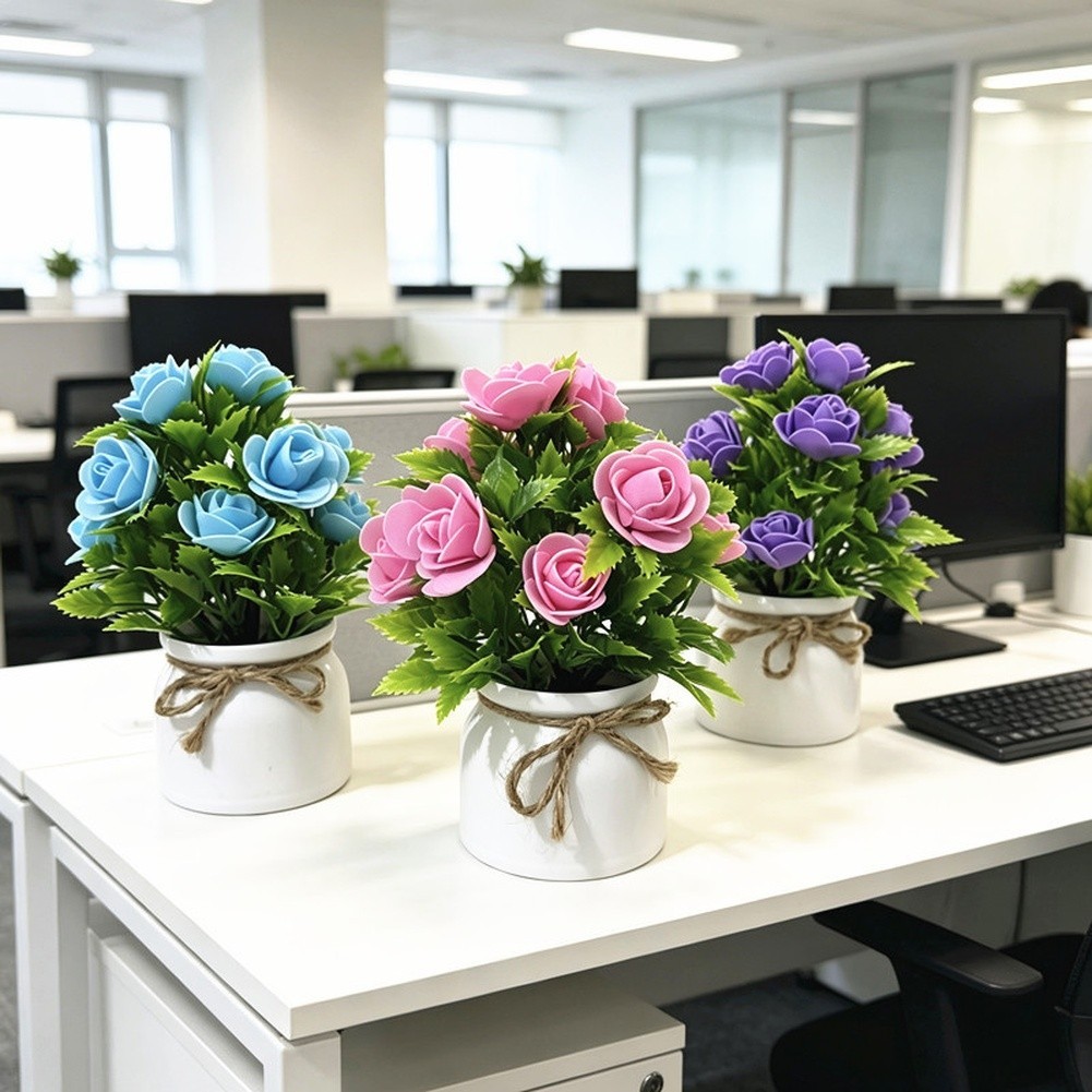 7.5 inch Artificial Rose Arrangement in Rustic White Pot with Twine for accent