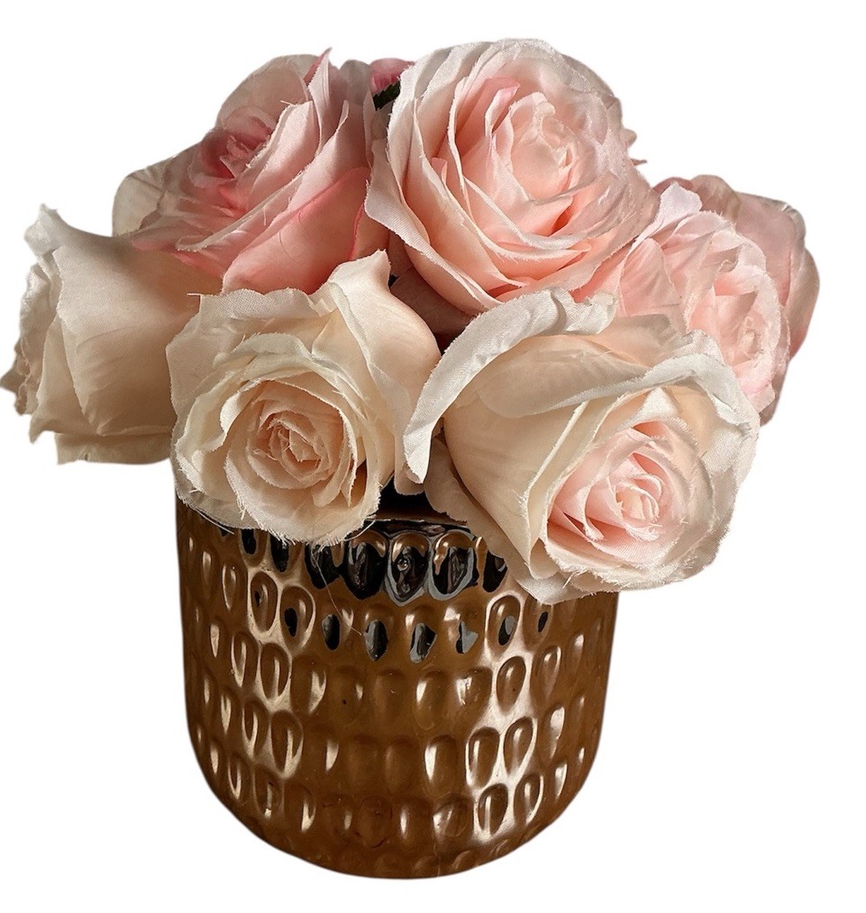 Faux Pink Silk Roses In Homeford Hammerlock Textured Ceramic Pot 12 Roses