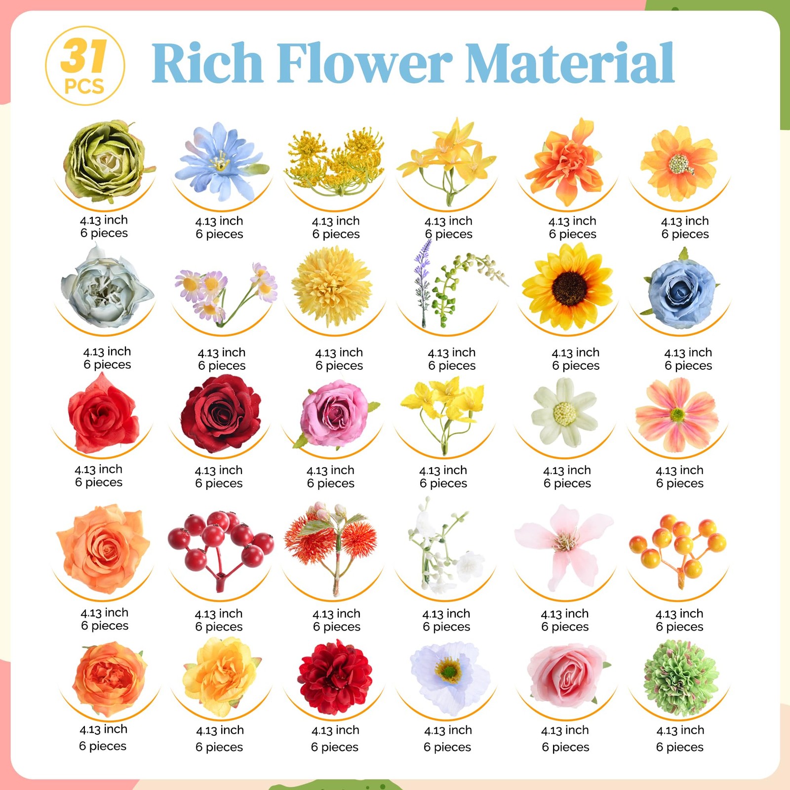 Artificial Flowers Combo Box, 31PCS Fake Flowers, Silk Flower Mix with Wire S…