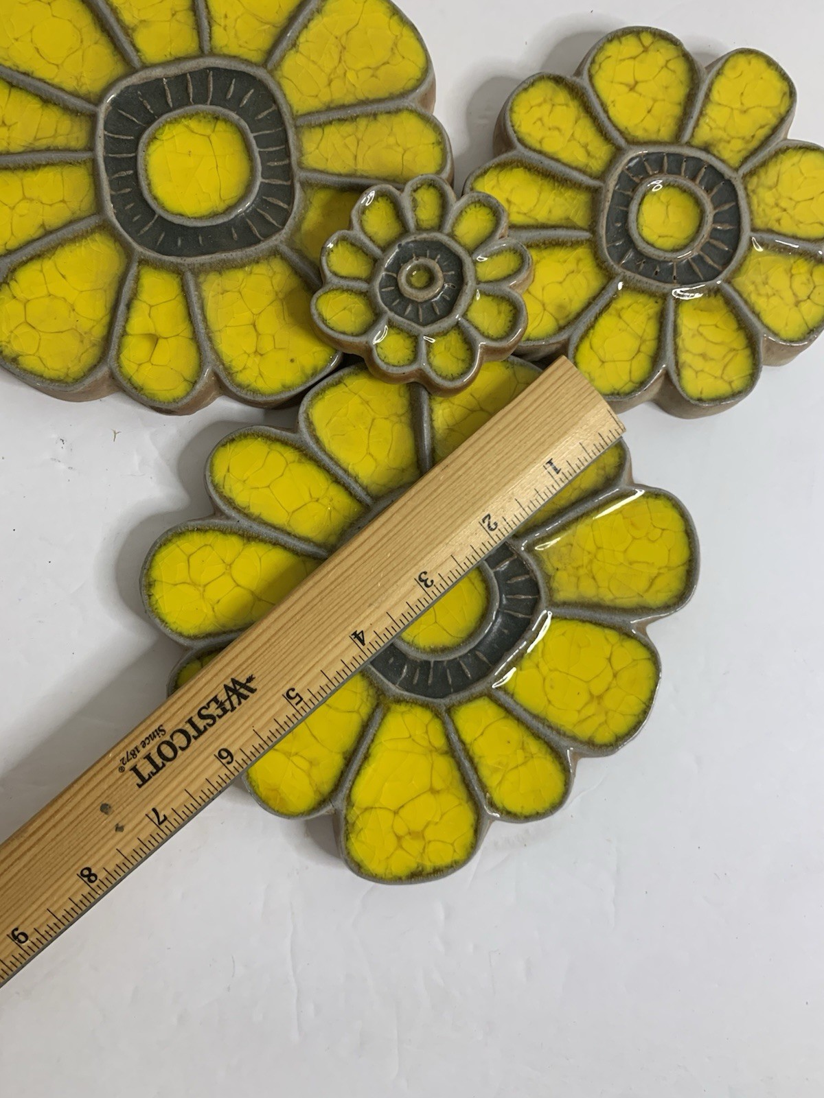 Pottery Decor Handcrafted Crackle Glazed Ceramic Folk Art Lot 4 Yellow Flowers