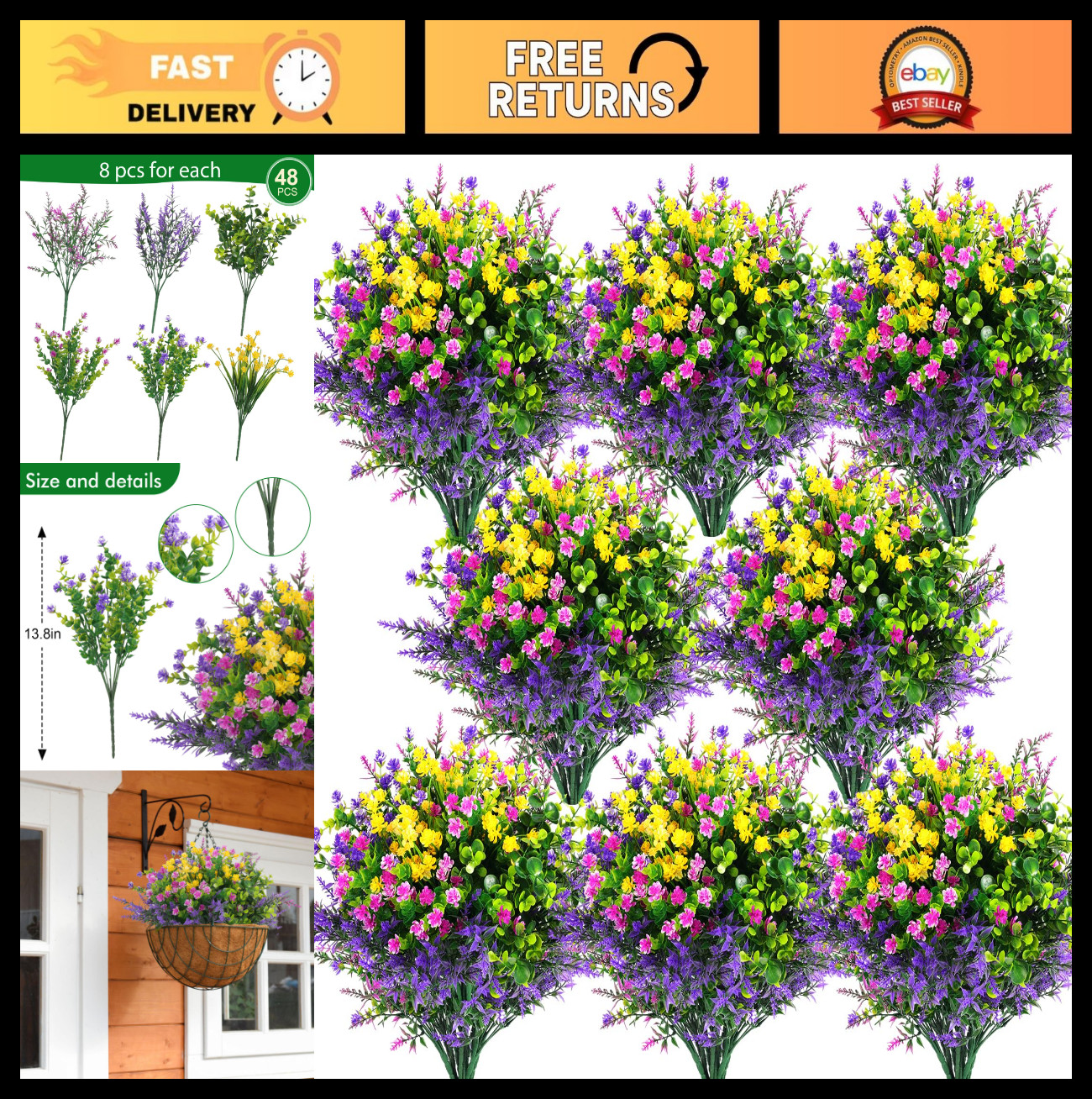 48 Pcs UV Resistant Artificial Flowers – Faux Plants for Outdoor Decor, Hanging