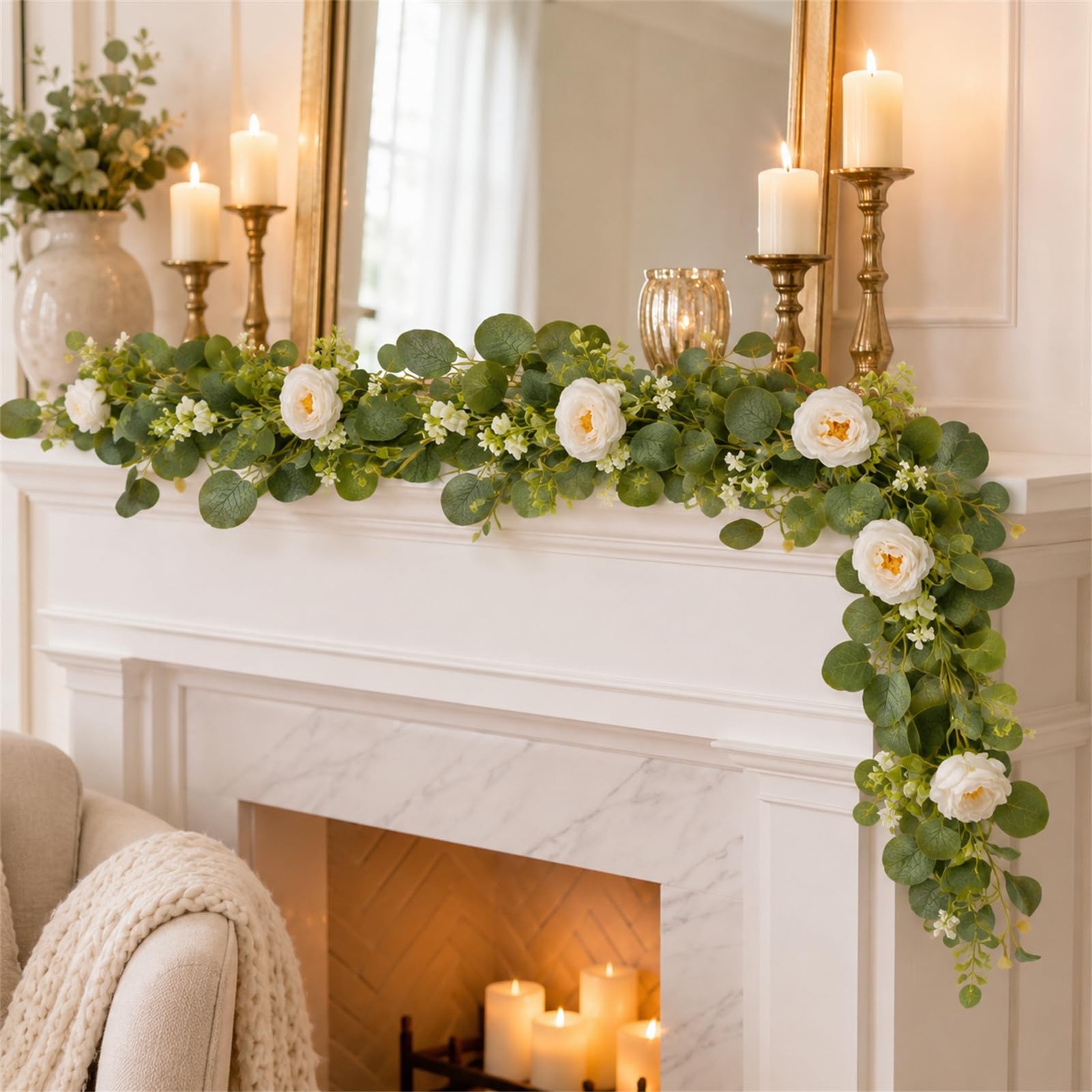 2 Pack Artificial Eucalyptus Garland with White Roses, Total 12FT Flower Gree…