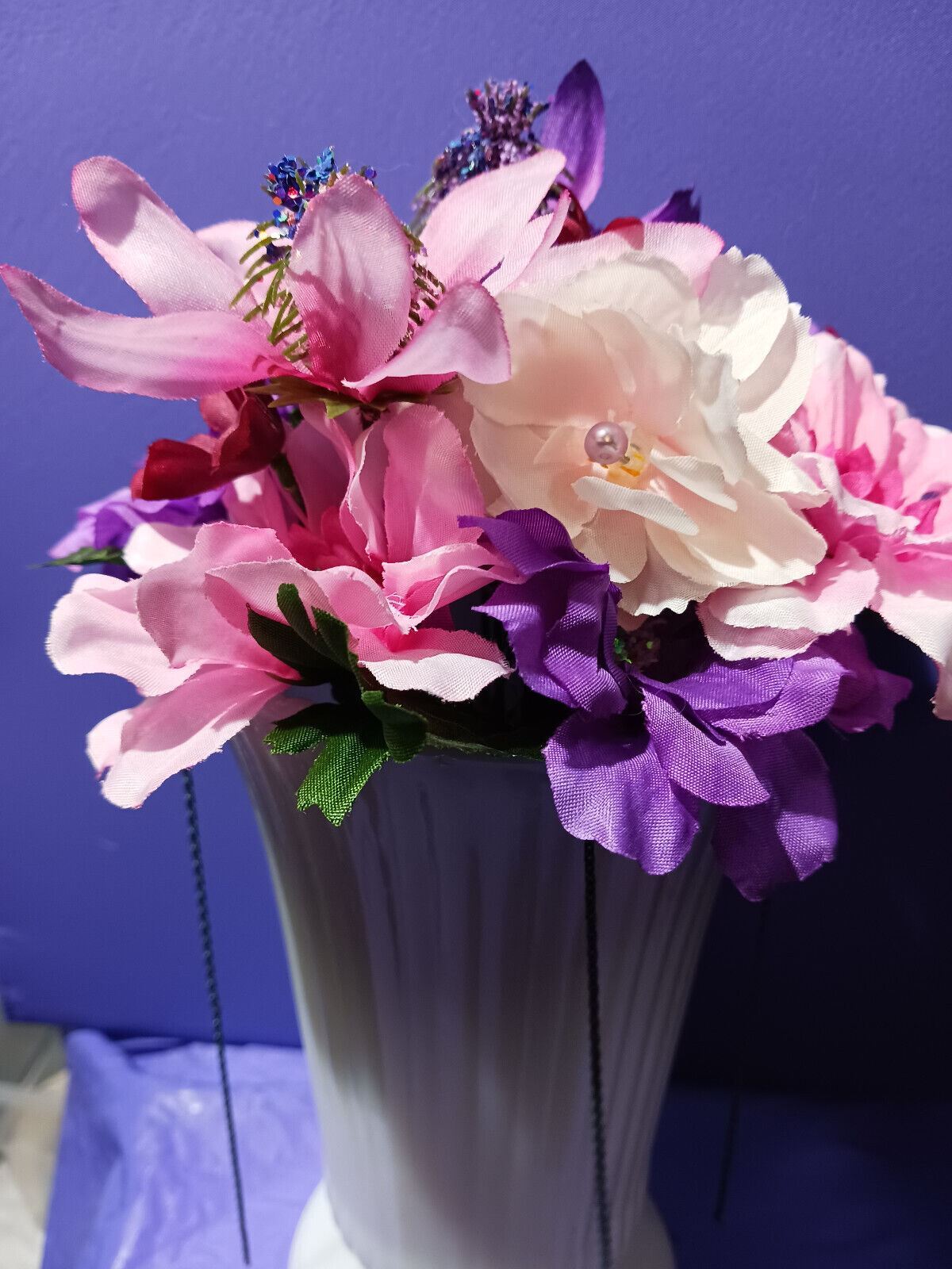 Artificial Flower Arrangement Vintage White Milk Glass Vase W/blue Chain