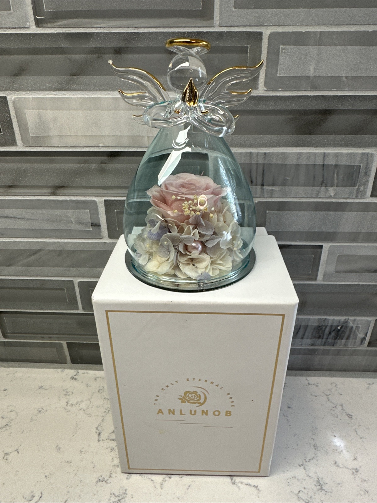 ANLUNOB Mother’s Day/Birthday Gift Glass Praying Angel w/Pink Rose Flower EUC!