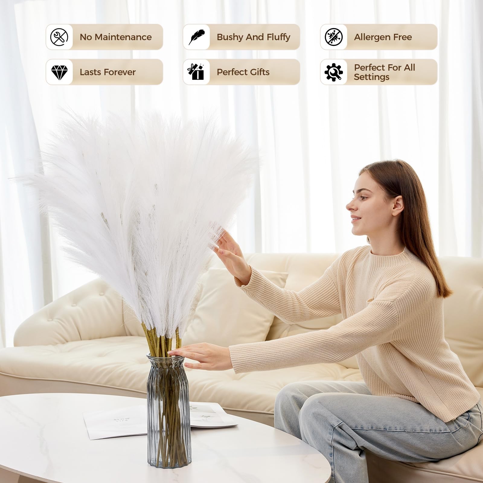 10 Pcs 39”/3.2FT Faux Pampas Grass Decor, Large Tall Fluffy Artificial Fake …