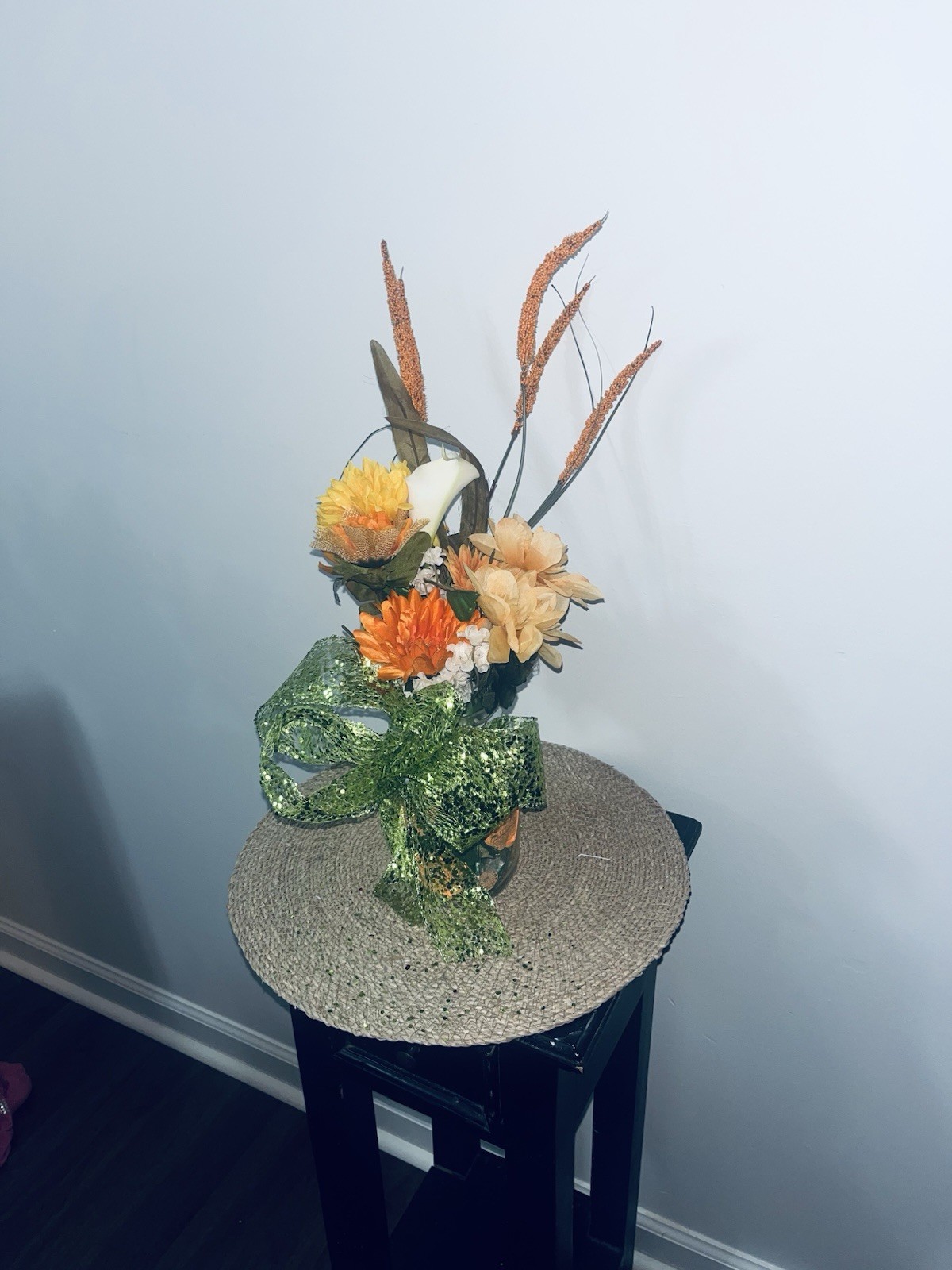Artificial Calla Lily Centerpiece Arrangement w/ Green Bow, Orange Yellow