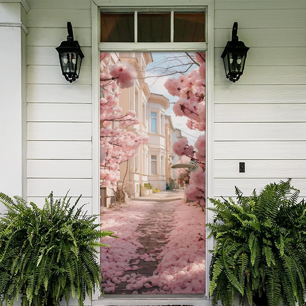 Pink Cherry Flower Blossom Pathway Landscape Peel and Stick Door Stickers Vinyl