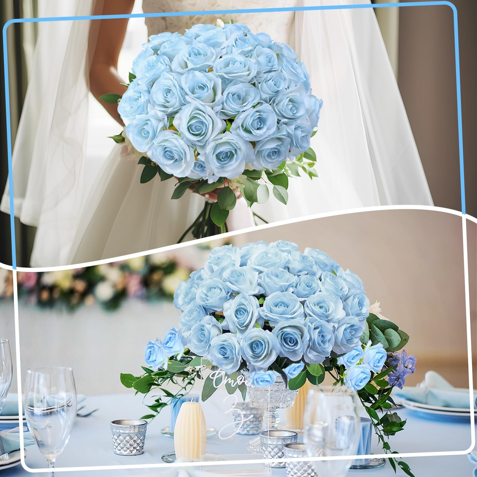68 Pcs Ice Blue Artificial Roses Fake Flowers,Silk Flowers with Stems for DIY…