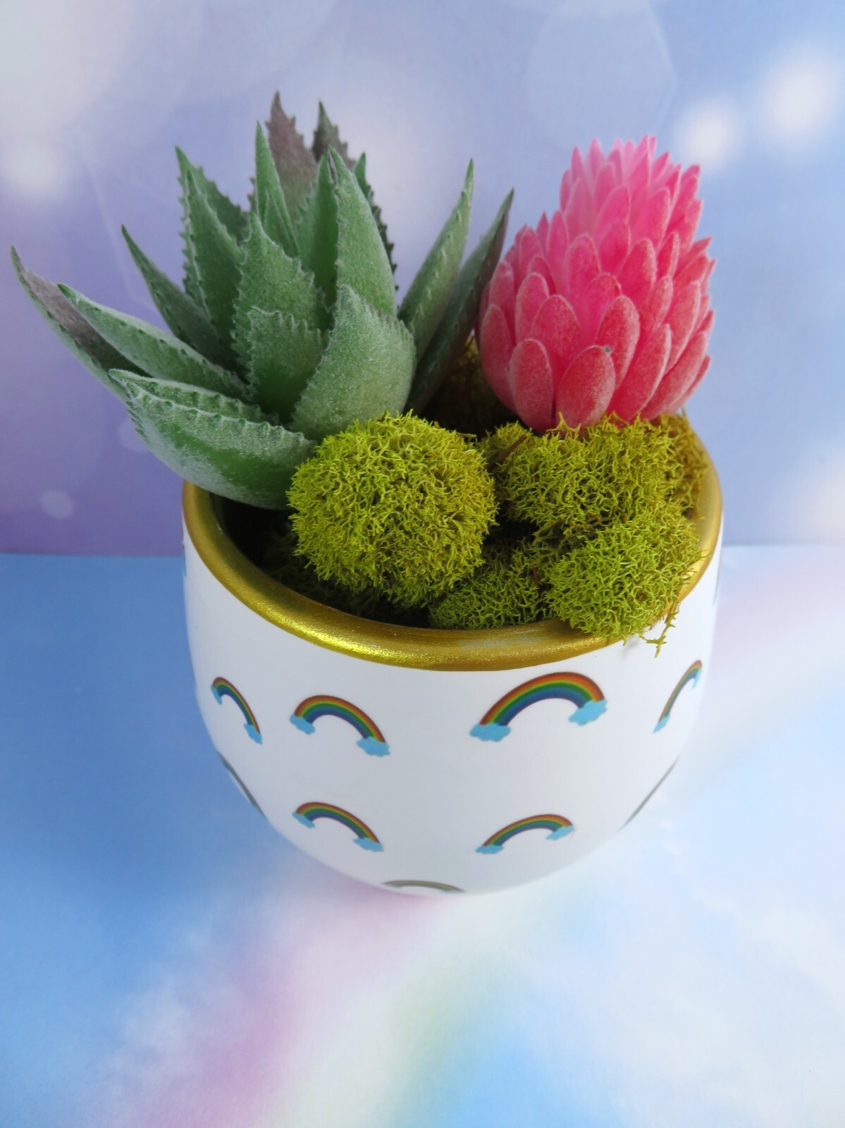 Mini Rainbows Ceramic Planter With Artificial Succulents 2.5 Inch Gold Rim New