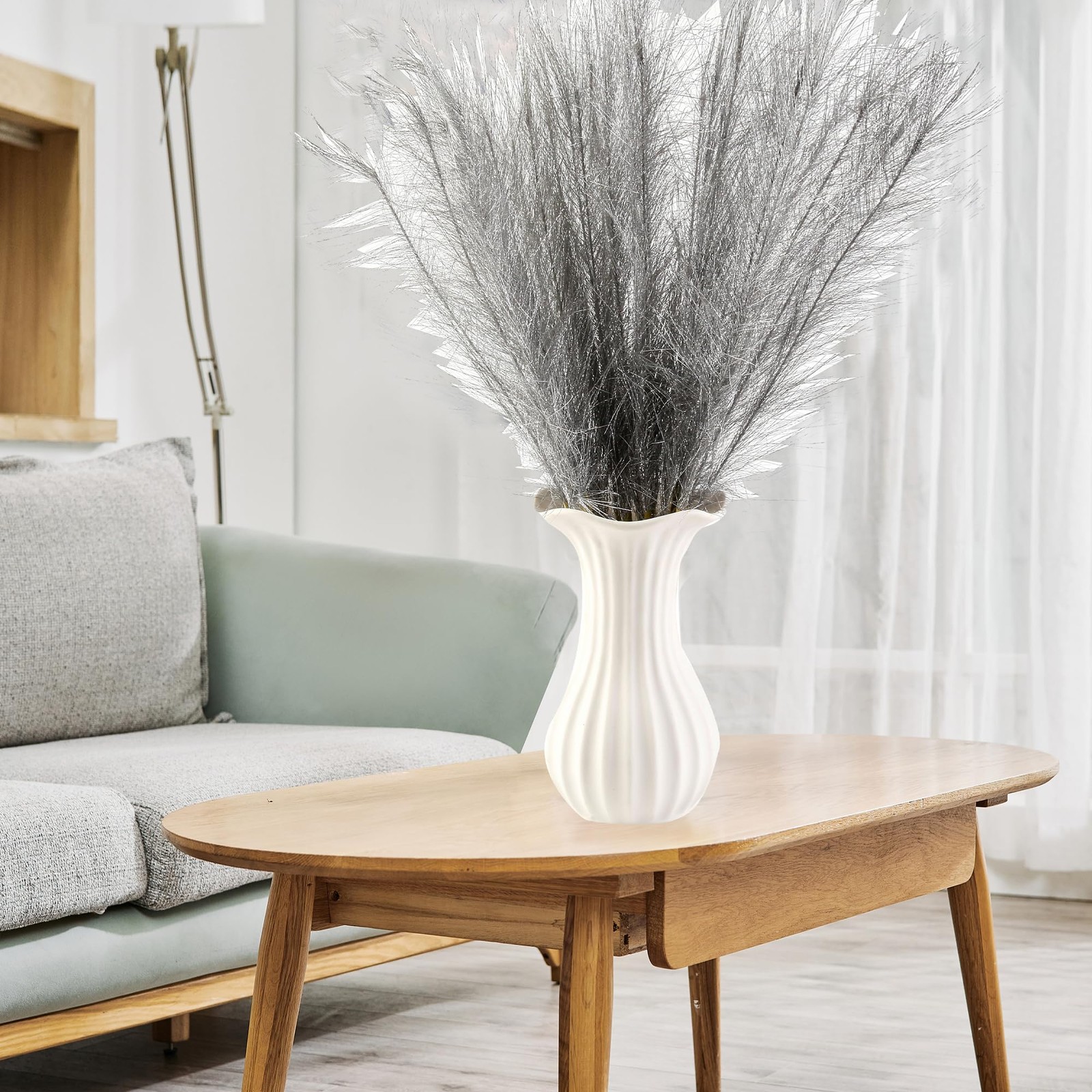 Silver Pampas Grass Decor, 30 Pcs 17″ Faux Pampas Grass Short Decor, Pompas G…