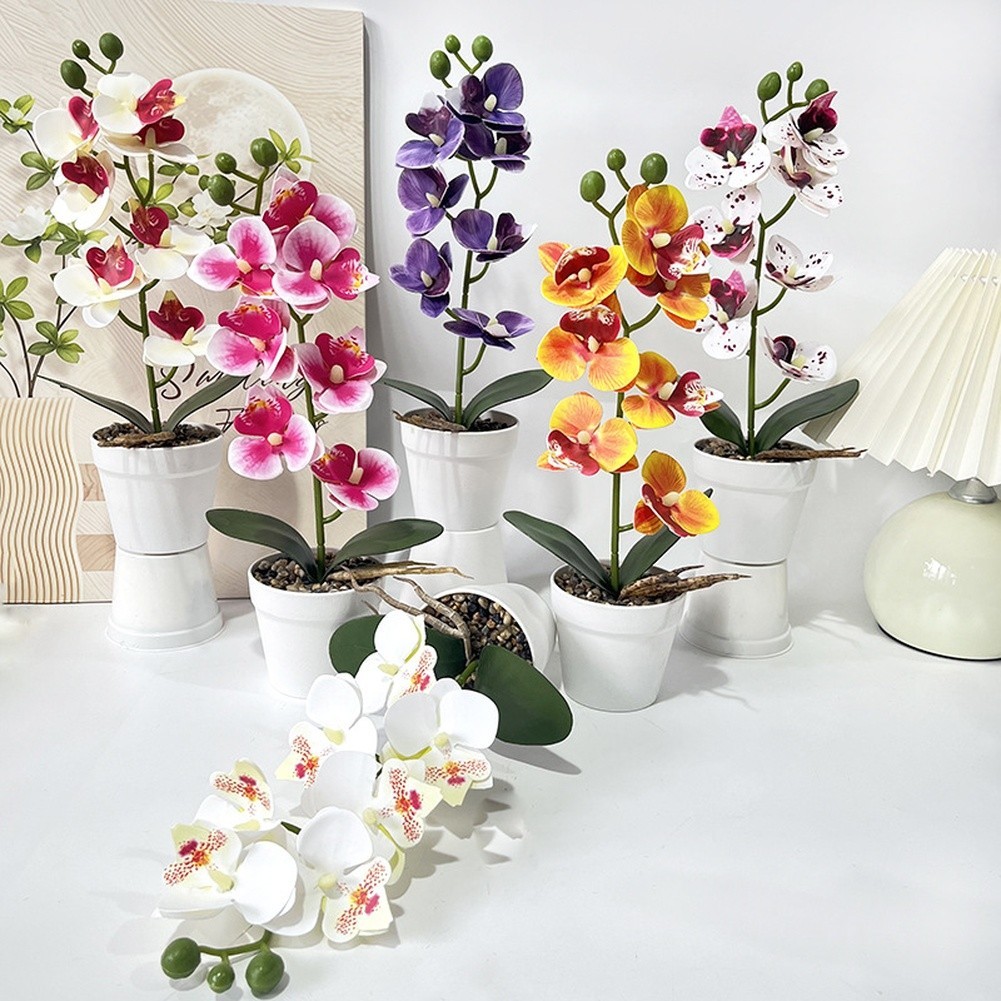 Life-Like 7-Bloom Artificial Orchid in Stylish White Stone Pot 11.81 in