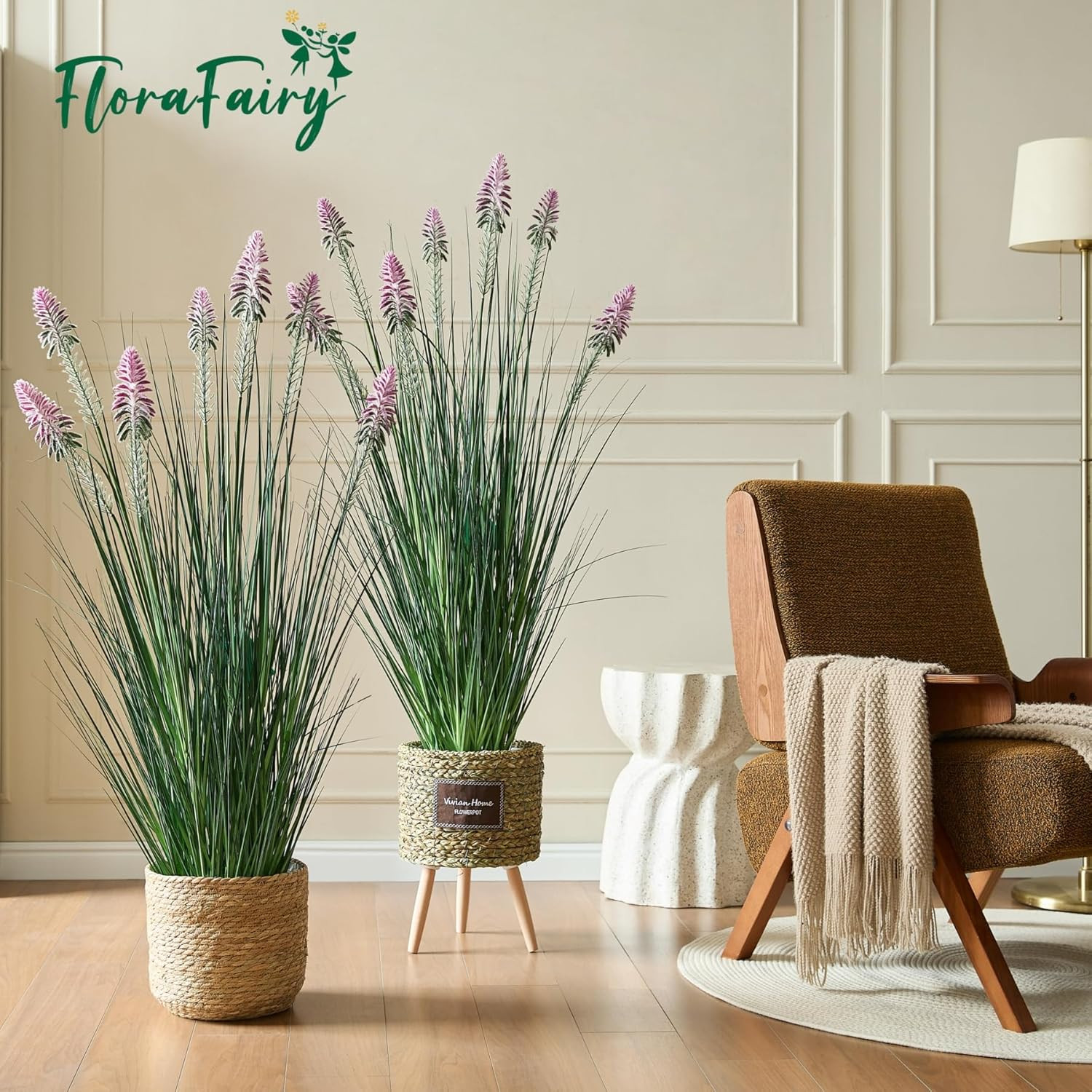 4Ft 2-Pack Artificial Horsetail Reed & Purple Cockscomb Flower Plants