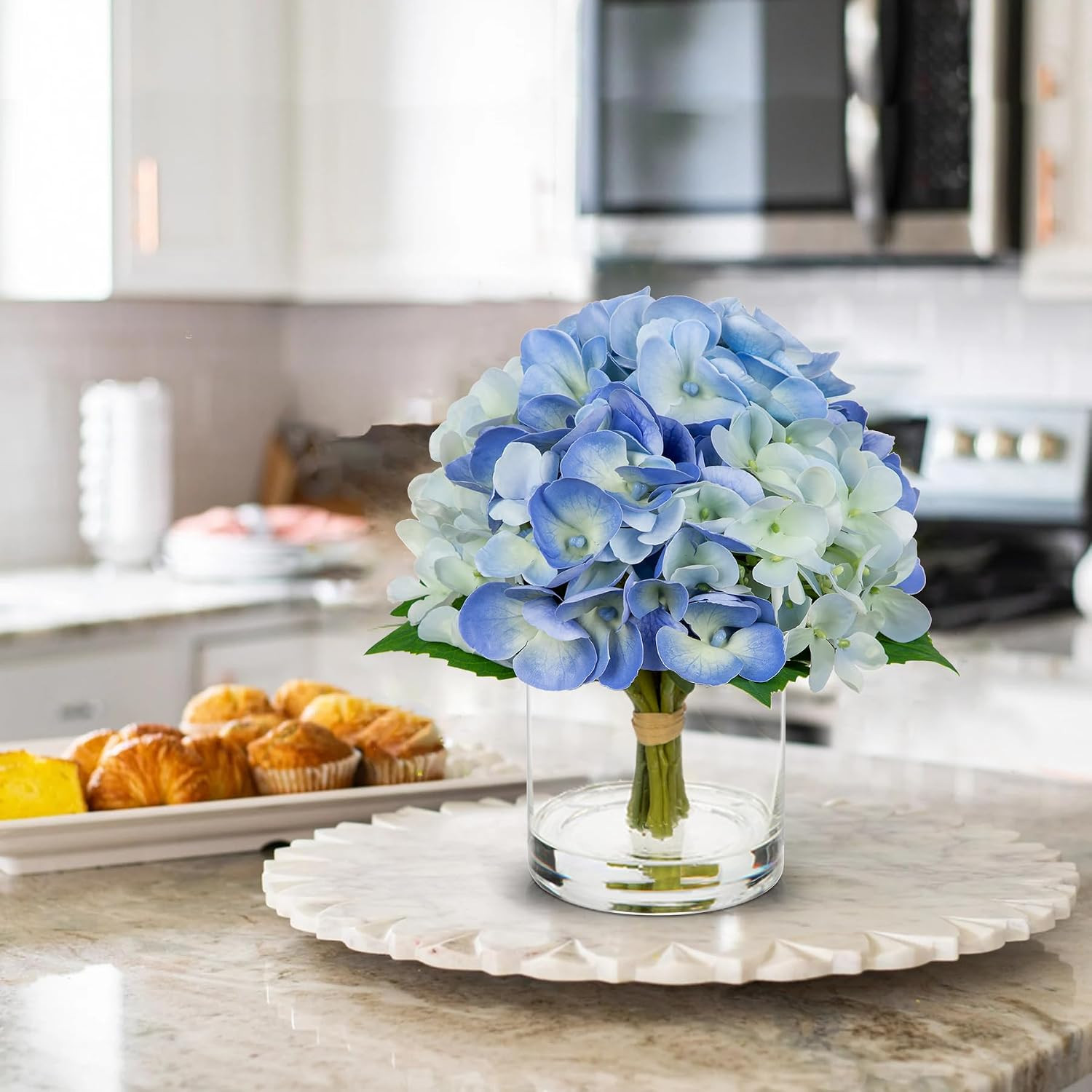 Real Touch Blue Hydrangea Artificial Flowers in Glass Vase for Home Decor