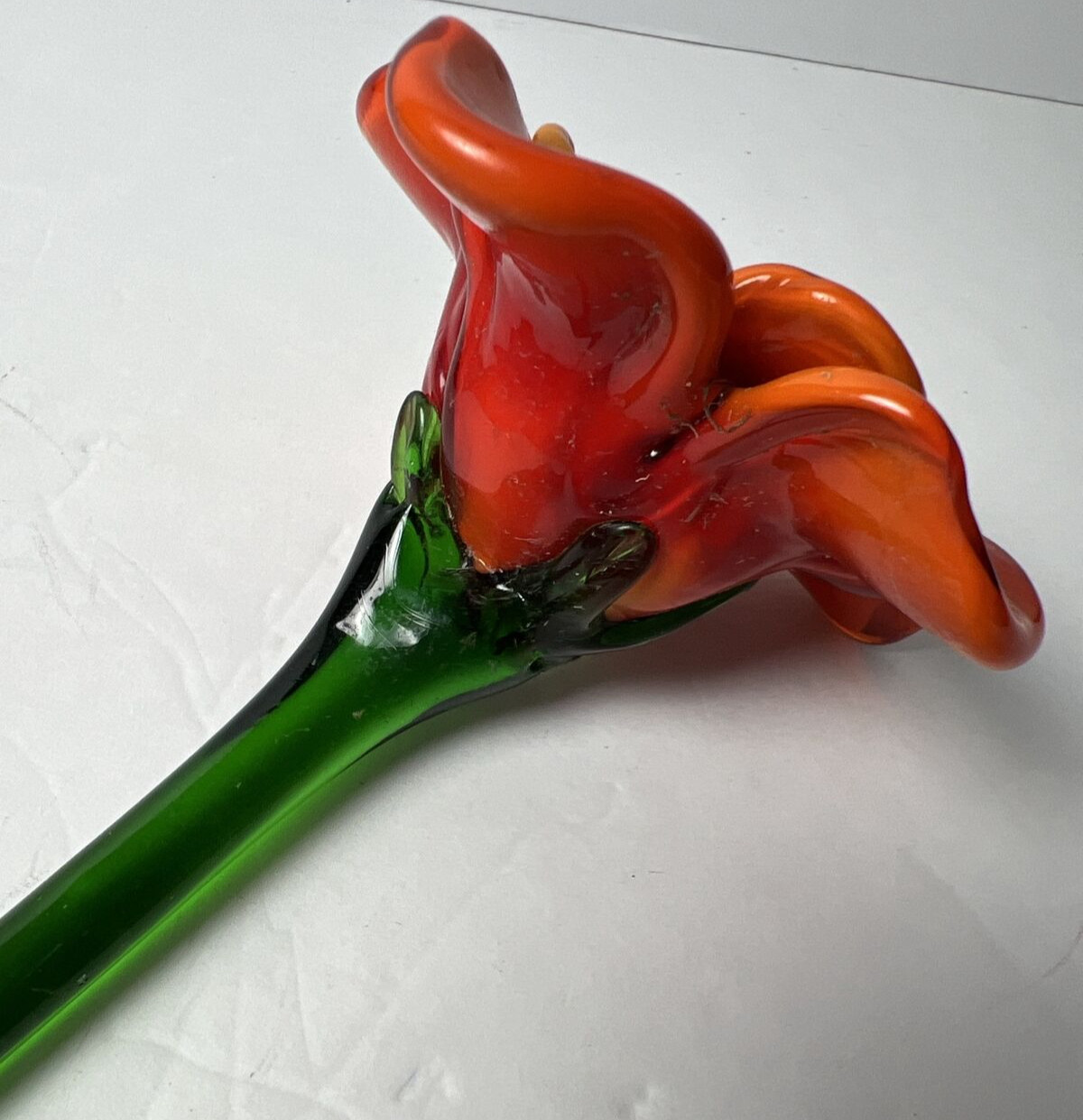 Vintage Handblown Glass Orange Rose Long Green Stem Budding Flower 13″ Stem Chip