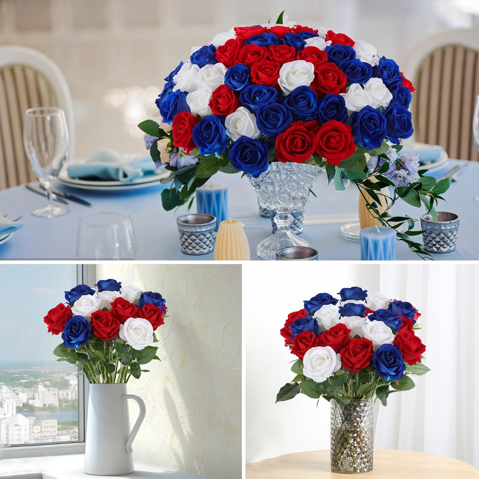 Bulk Artificial Velvet Silk Roses – Realistic Red, White, Blue Flowers for Weddi