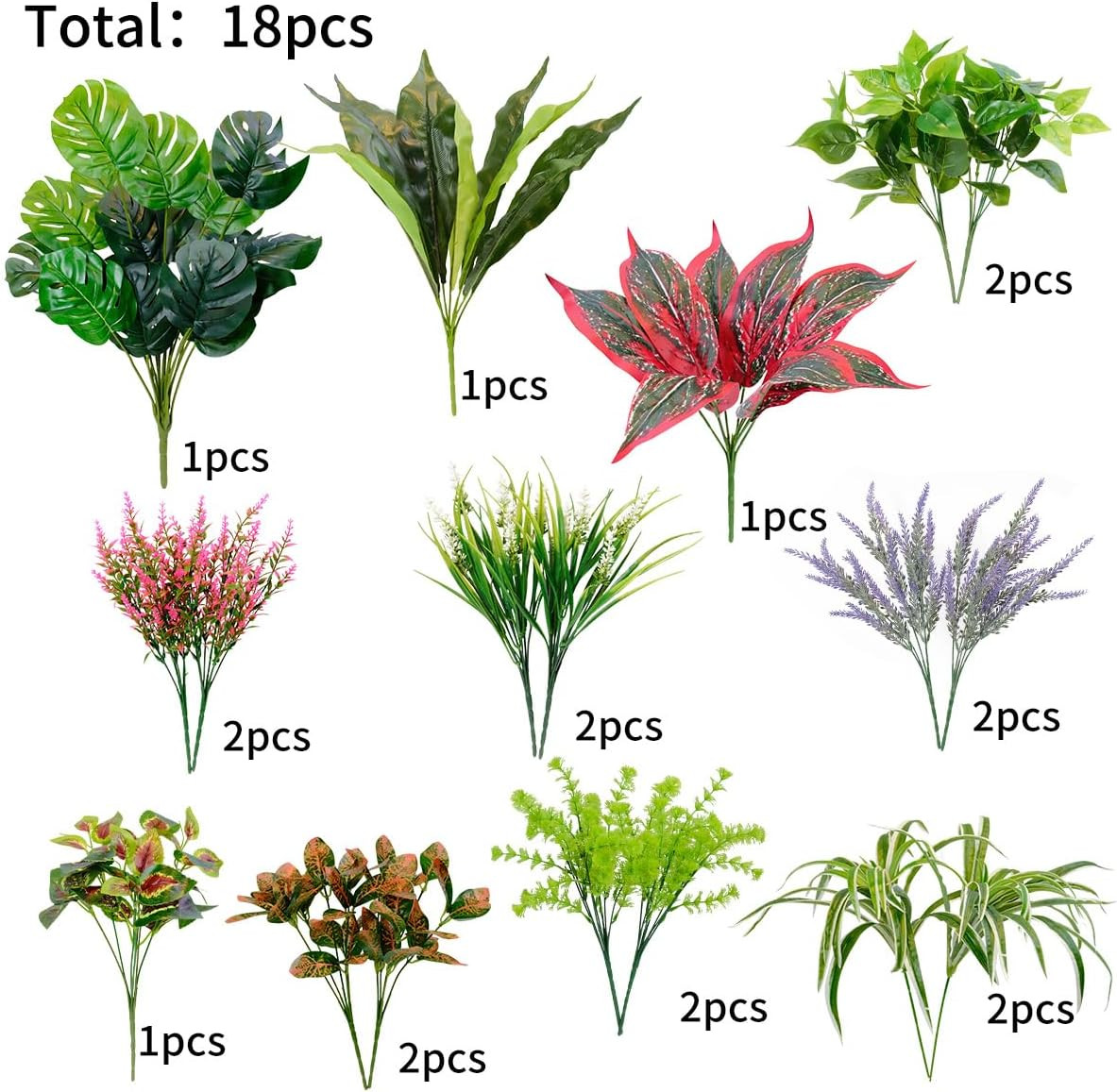 18 PCS UV Resistant Faux Plants for Outdoor Decor – 10 Varieties Mix
