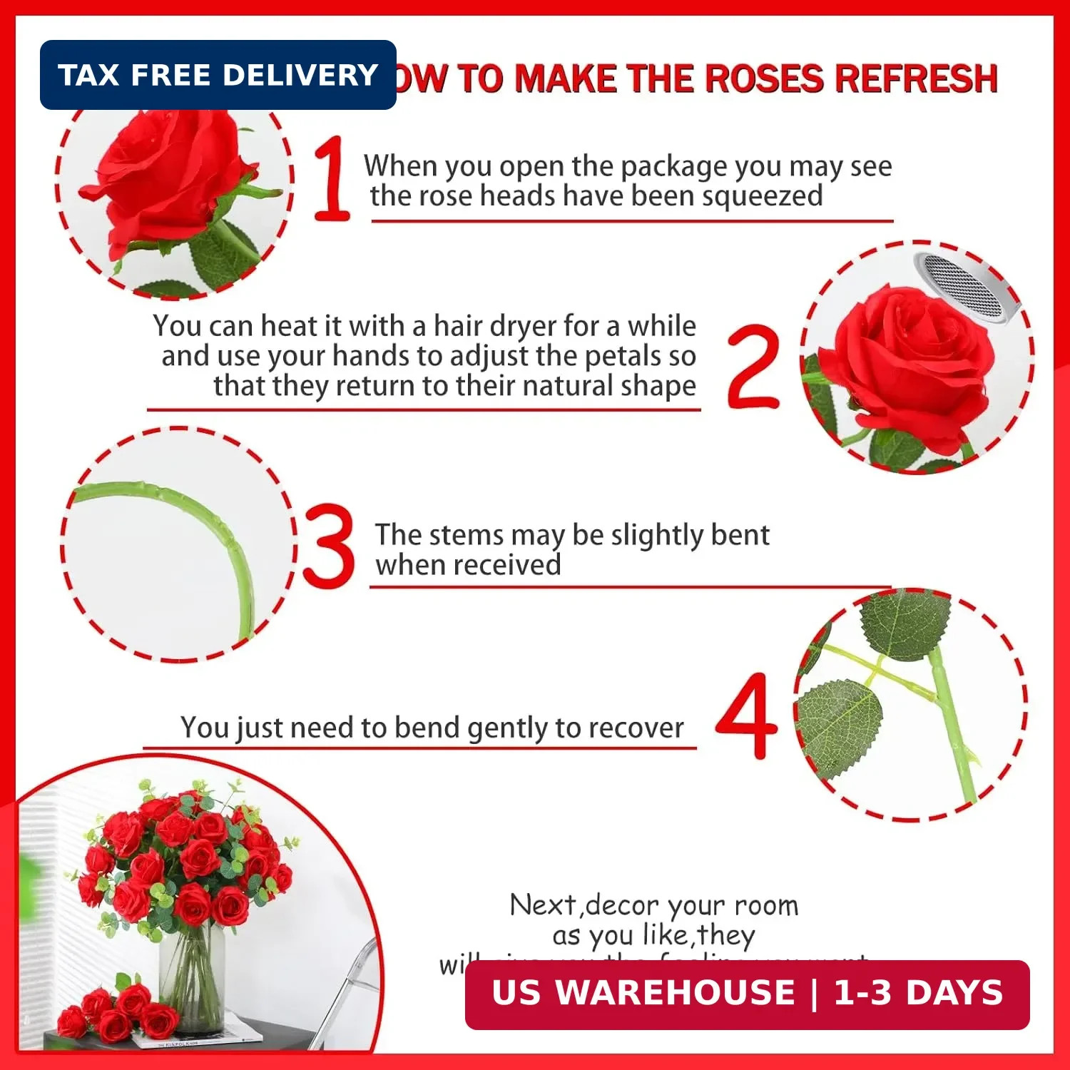 50PCS Artificial Silk Roses Flowers – Realistic Fake Roses in Bulk & Bouquet Lon