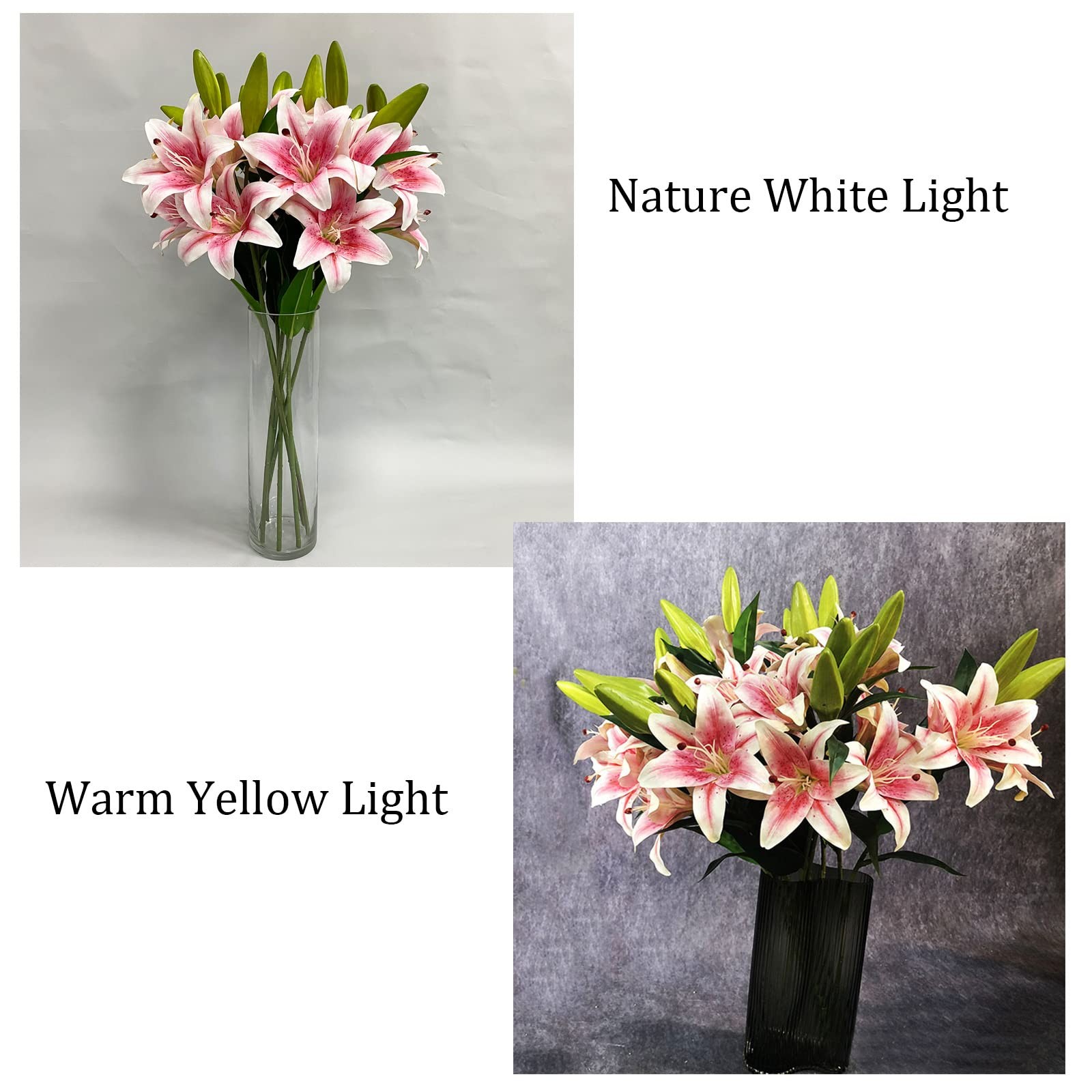 Yalzone 2 Pcs 28 inch Pink Artificial Lily Flowers Fake Real Touch Lily 3 Hea…