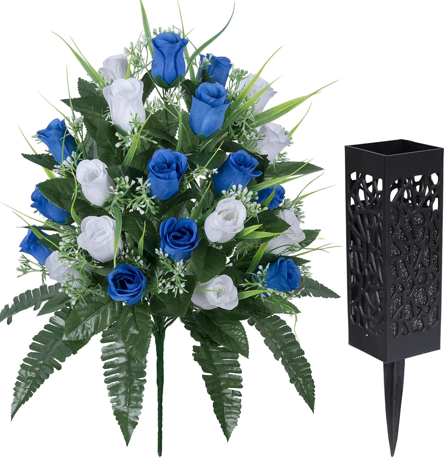 Elegant Artificial Cemetery Flowers with Vase – Lasting White & Dark Blue Bouque