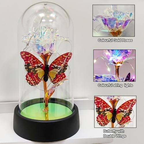 Light Up Rose in Glass Dome LED Butterfly Decor Birthday Mother Day Gift