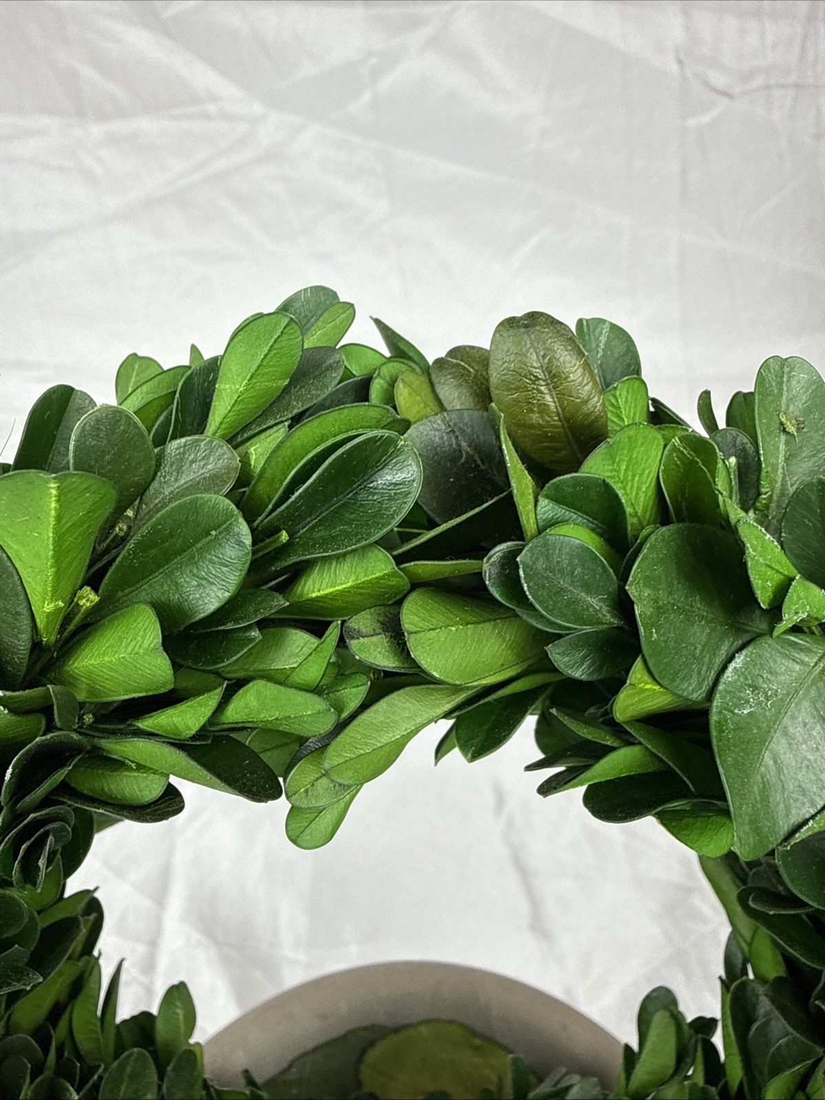 Artificial 12″ Green Boxwood Topiary Circular Wreath In Rustic Grey Ceramic Pot