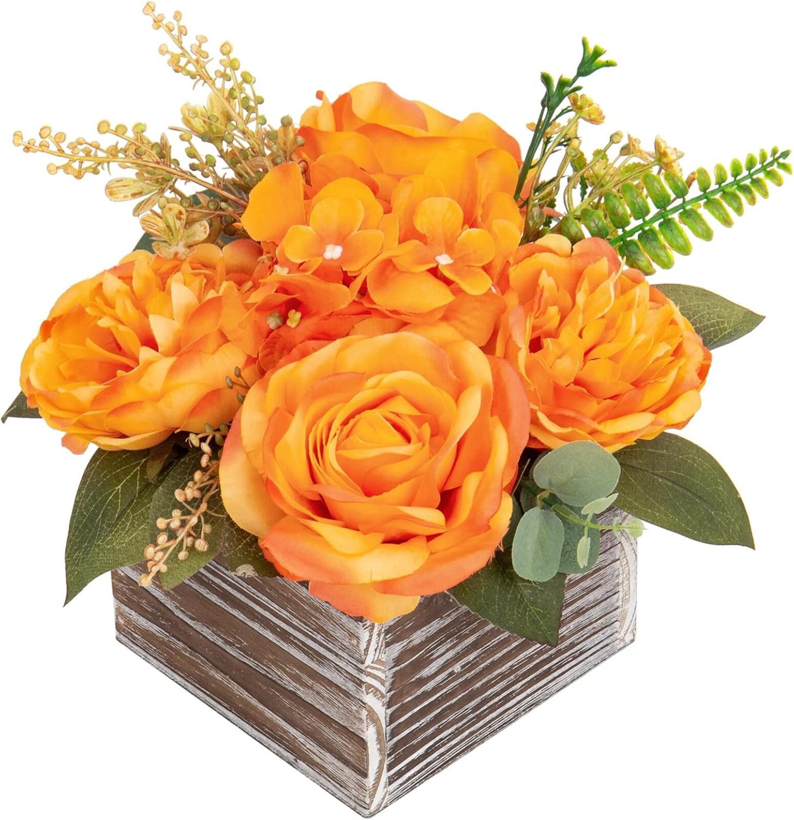 Artificial Flower Arrangement, 8” Orange Roses Peonies Hydrangeas in Wooden