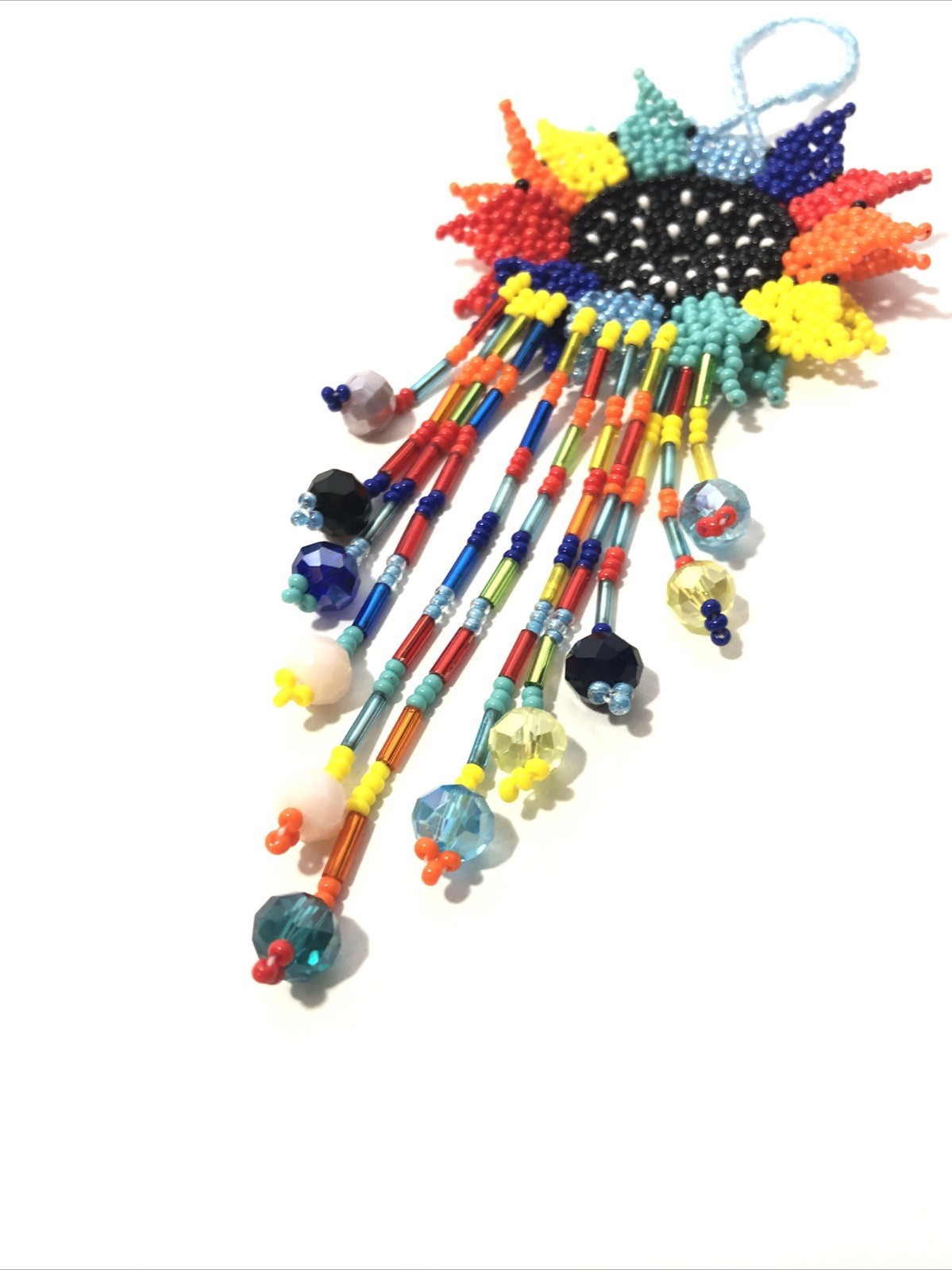 Hand Made Beaded Colorful Mexican Sunflower 5” Seed Bead Dangle Charm Ornament.