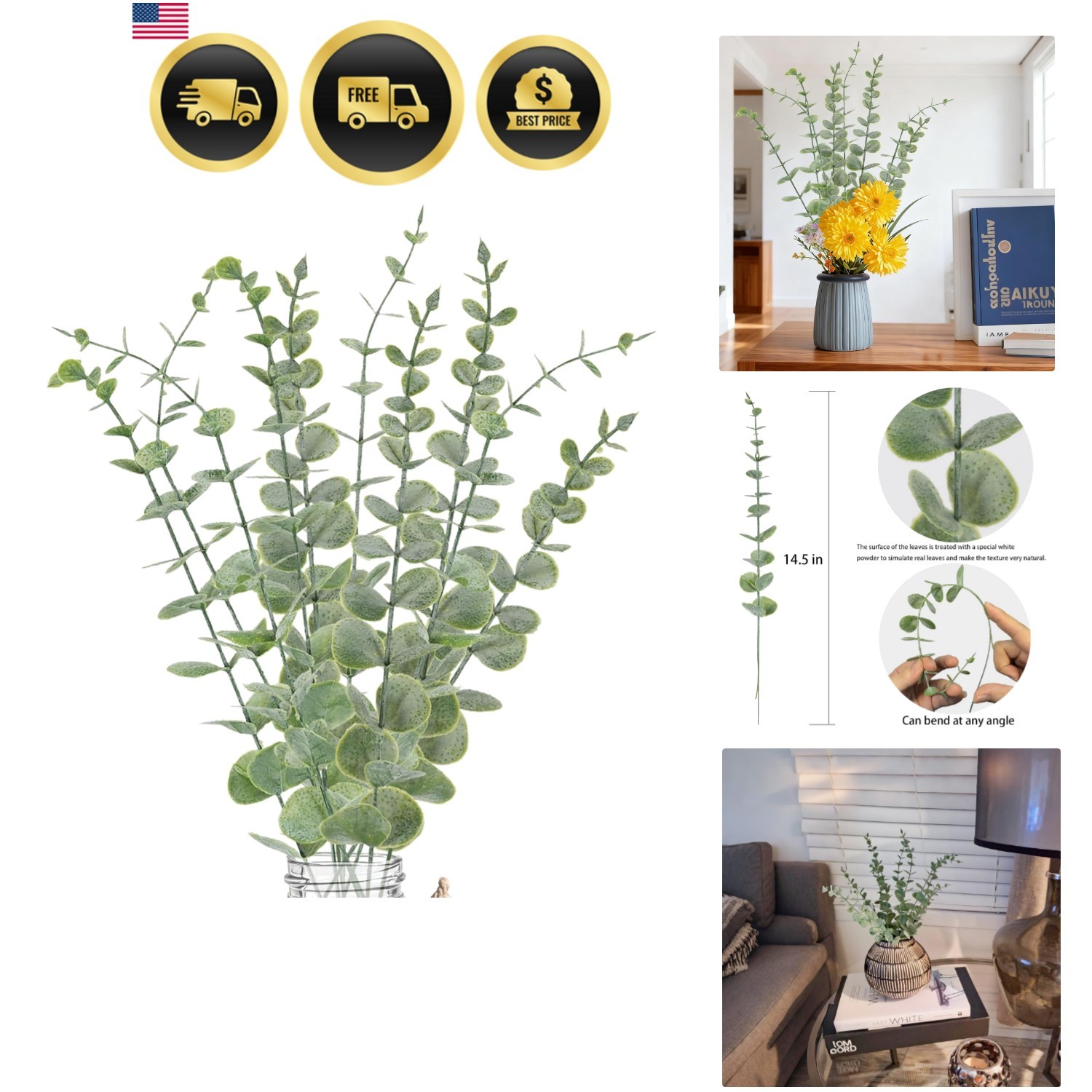 10pcs Eucalyptus Stems Artificial Eucalyptus Leaves Fake Greenery Branches Fa…