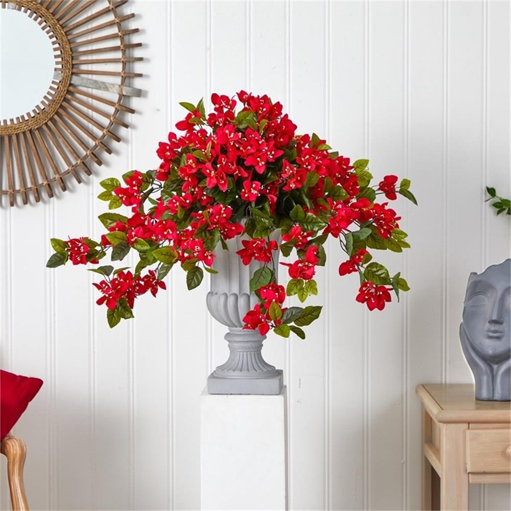 Pemberly Row Bougainvillea Flowering Silk Plant with Decorative Urn – Red/Gray