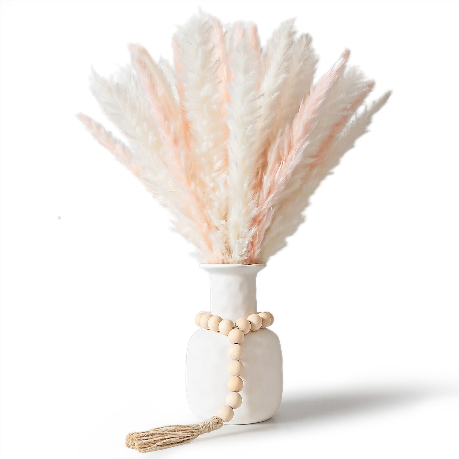 17 Inch Pink & White 30 pcs Pampas Grass with Wooden Elegant Beads – No Vase