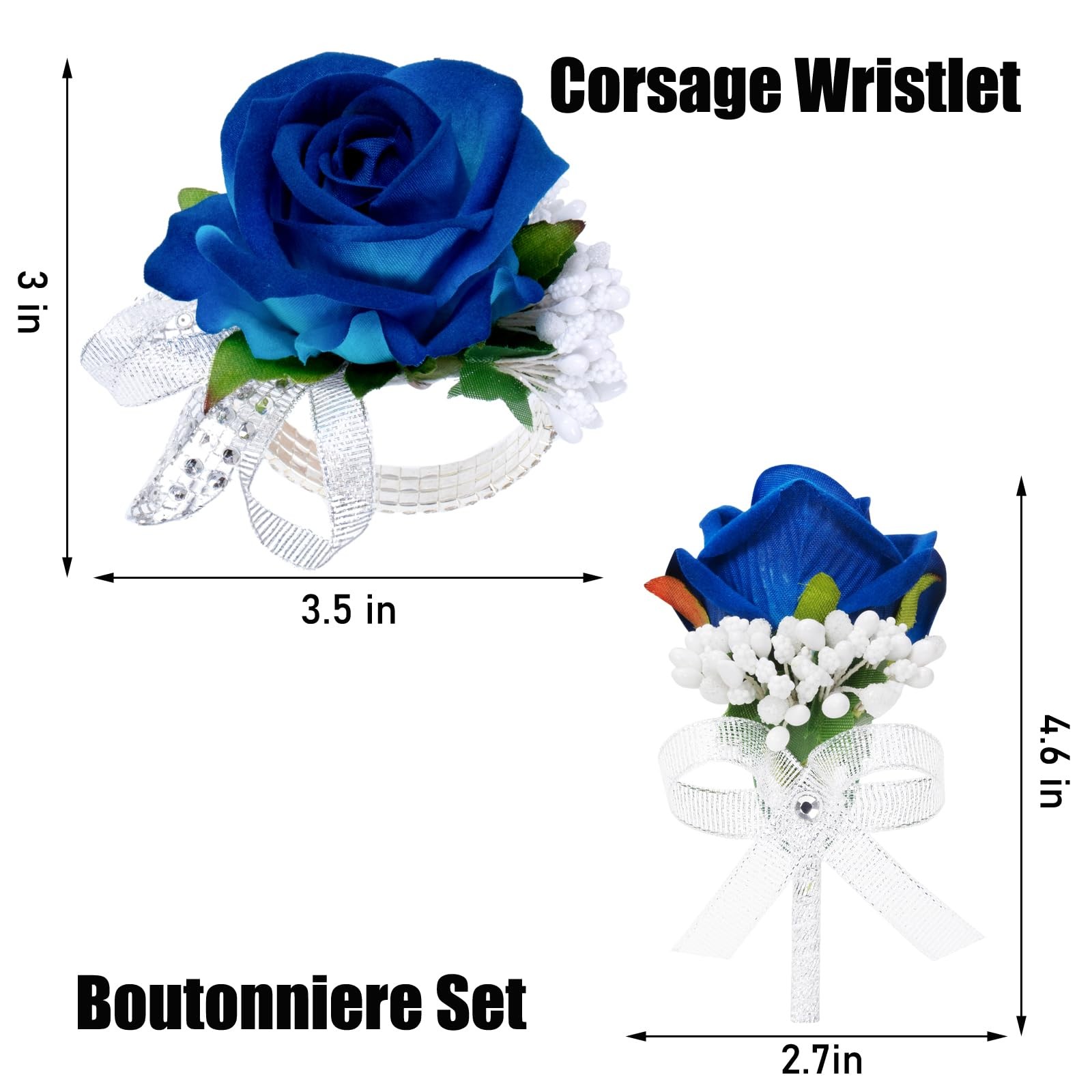 2 PCS Blue Rose Corsage & Boutonniere Set Wristlet Mens Prom Wedding Decor