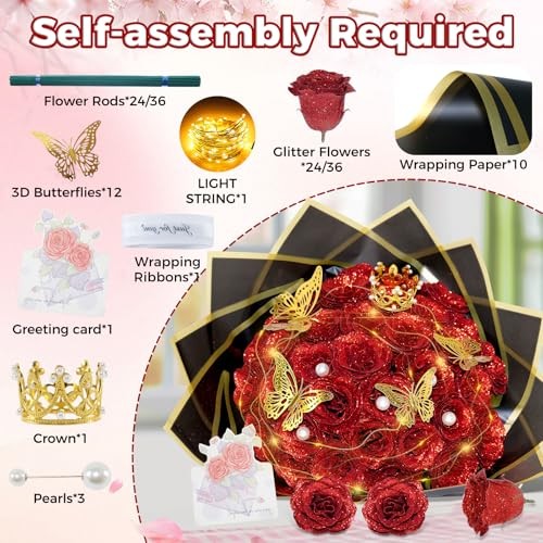 Red Glitter Roses Bouquet, 24 Pcs Shiny Glitter Flowers Bouquet, 24 PCS Red-a