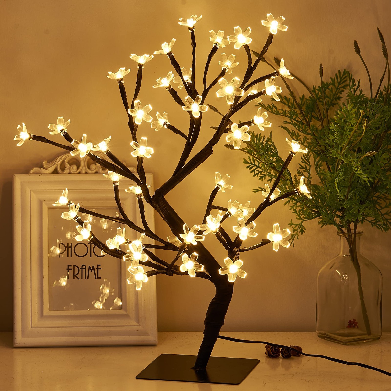 17.5 Inch Lighted Cherry Blossom Tree 48 Warm White Lights Plug Bonsai Decor