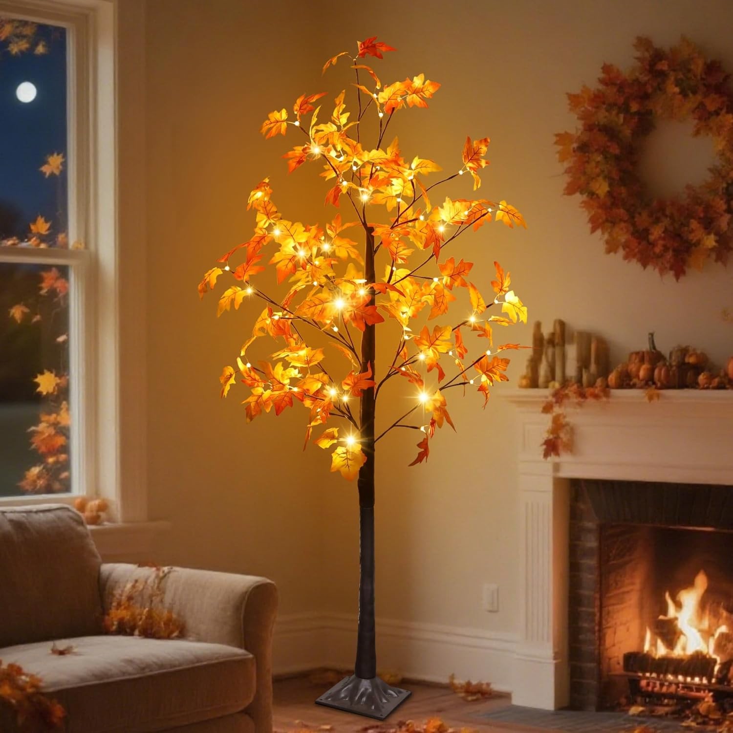 5 FT Fall Decorations for Home, Lighted Fall Maple Tree with LED Lights – Art…