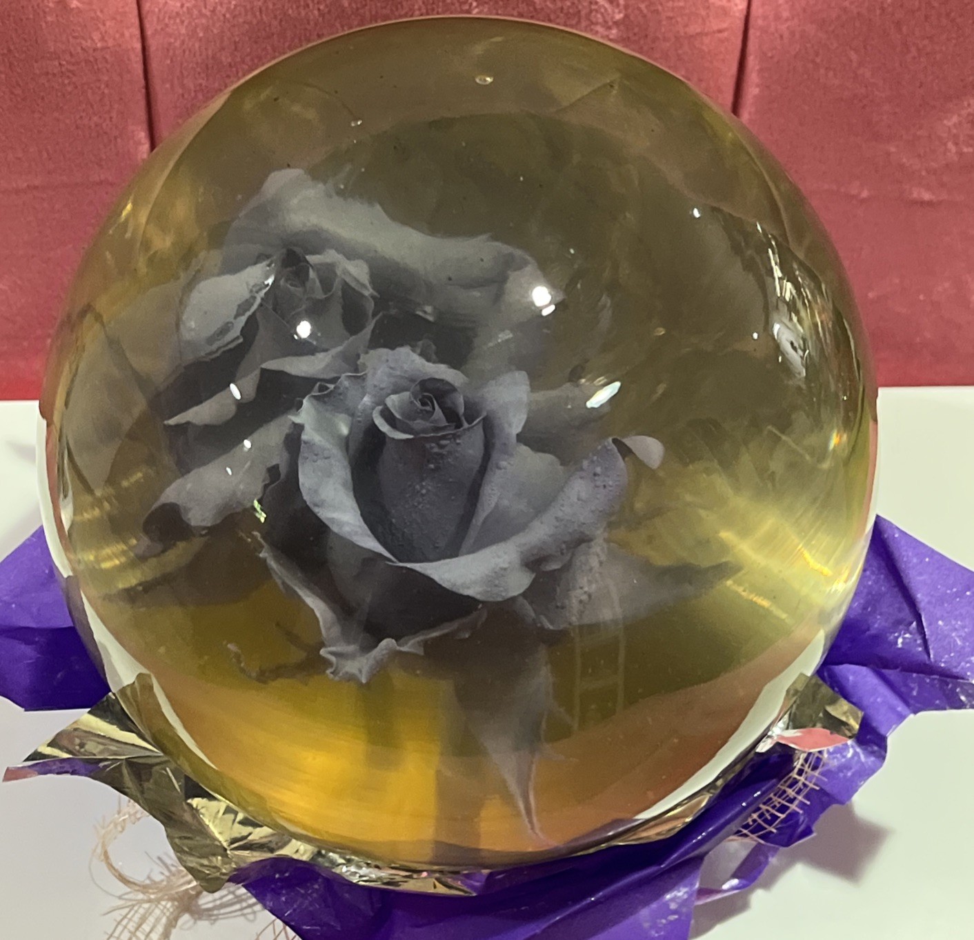 Vtg. Purple Eternal Rose Real Preserved Rose Ball In Water Dome/Globe; Lg 6”-7”