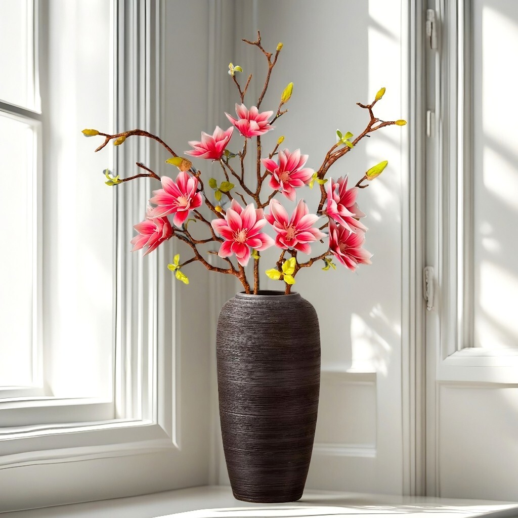 3Pcs-Artificial Magnolia Flowers, 9 Blooms, Long Bendable Stems for Décor