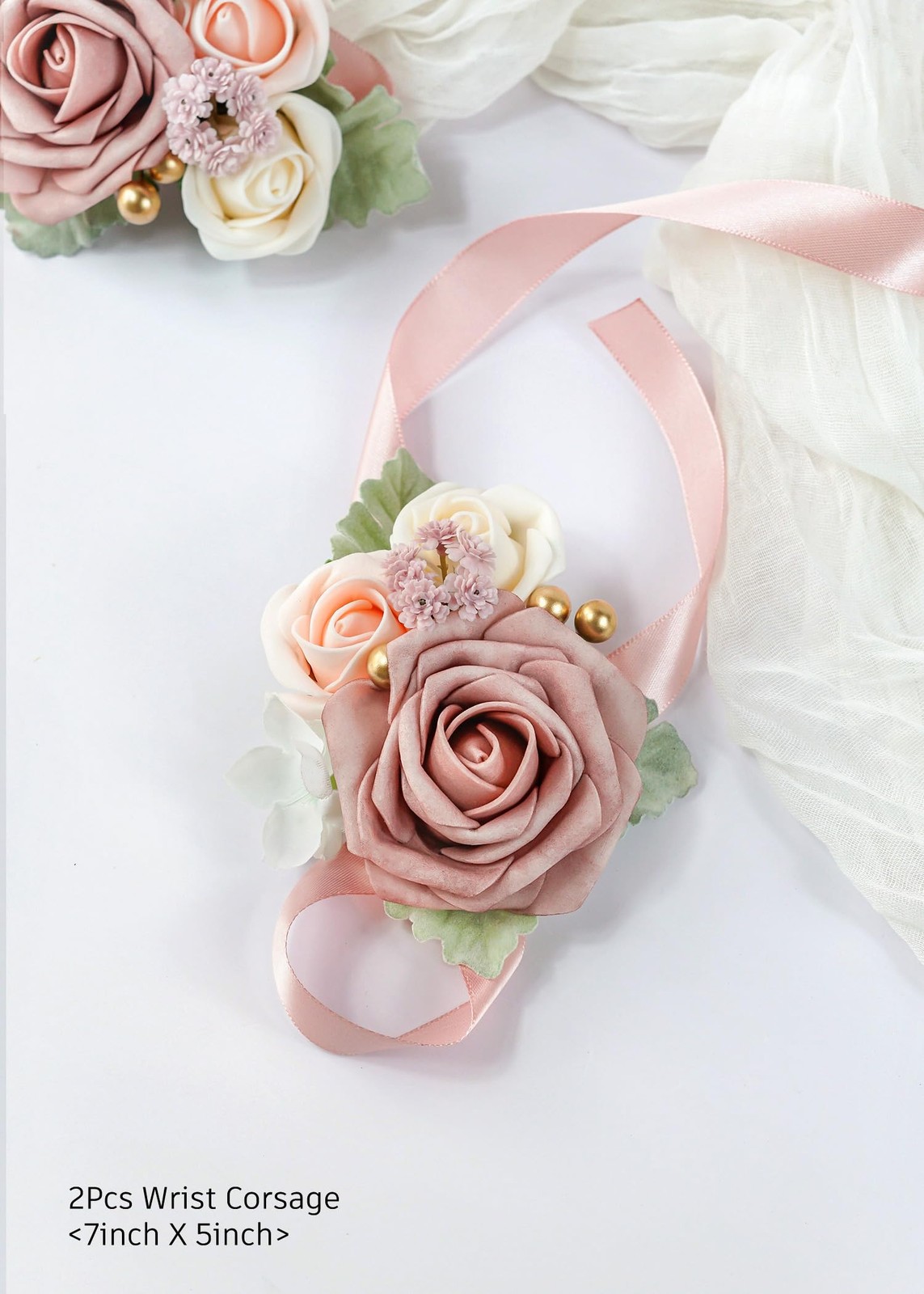 Dusty Blush Pink Artificial Rose Wedding Wrist Corsages Wristlet 2 PK