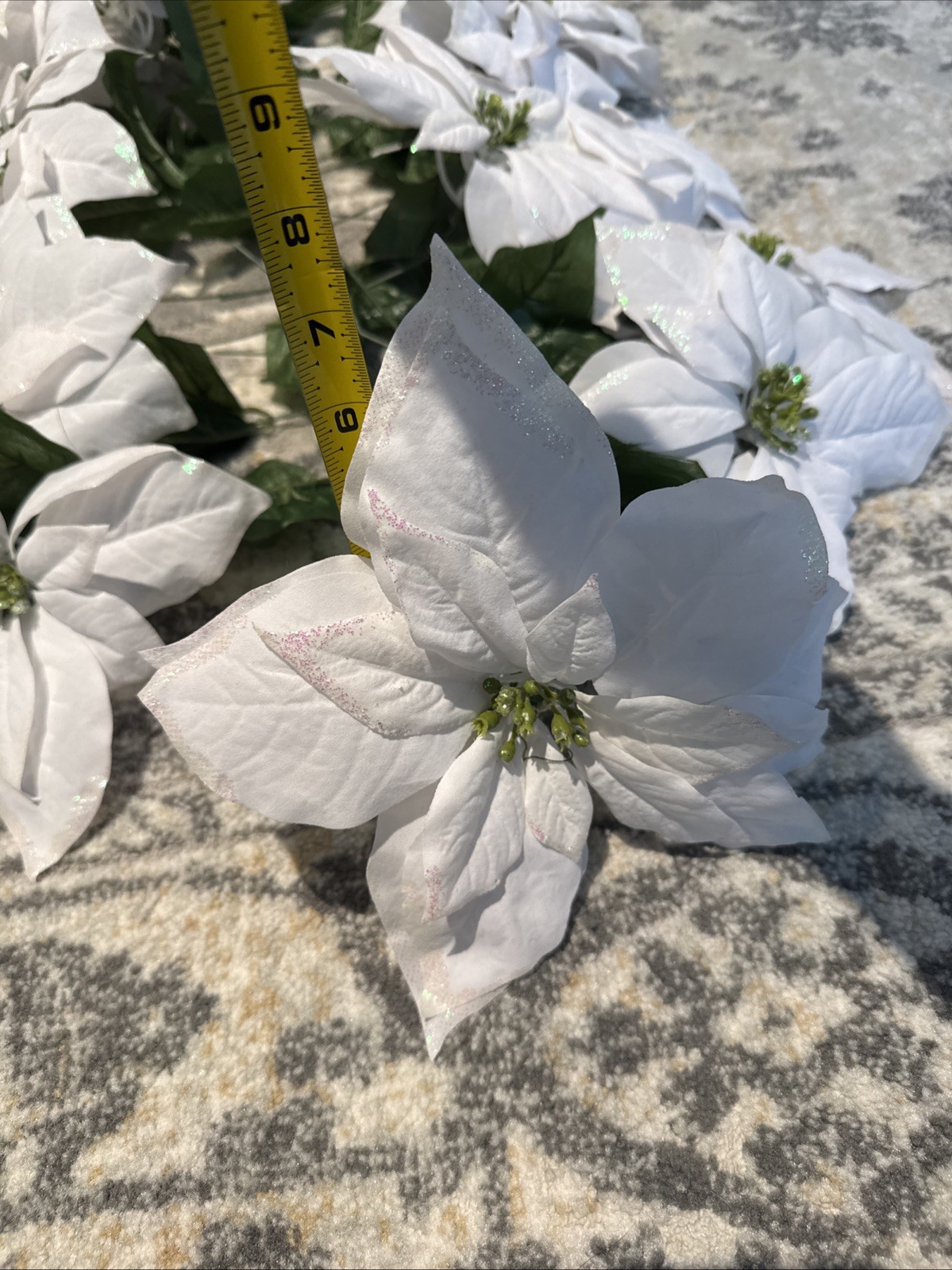 Lot 17 White Sparkle Poinsettia Floral Picks 8x7x14” Used In Christmas Tree