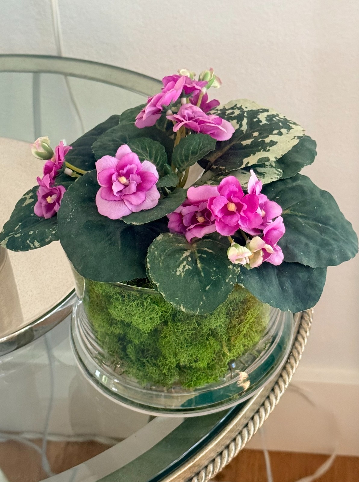 Nearly Natural African Violet with Glass Container