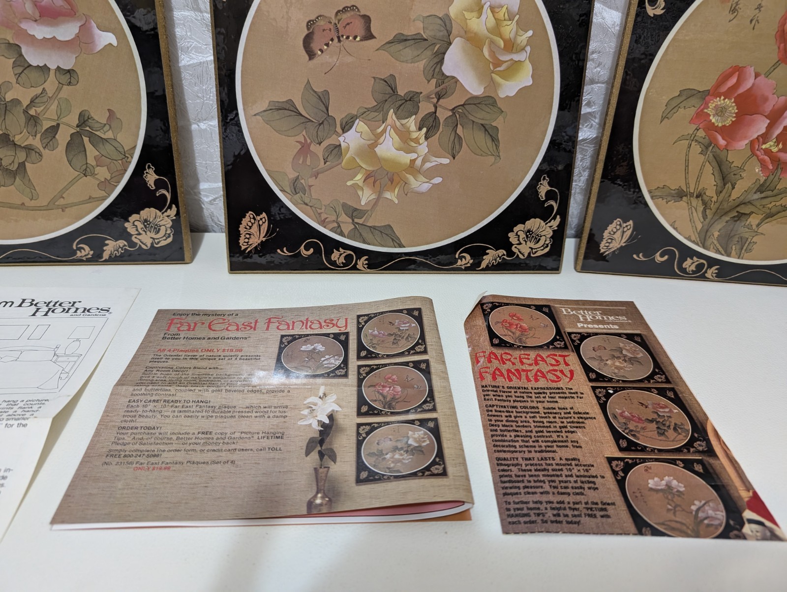 NIB Set of 4 Chinoiserie Asian Cork Wall Art Butterflies & Botanical design