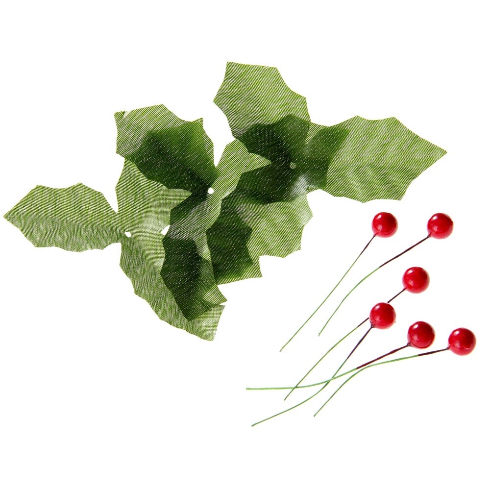 50pcs Dark Red Holly Berries + 50pcs Green Artifical Leaves 2 in 1 Home Decor