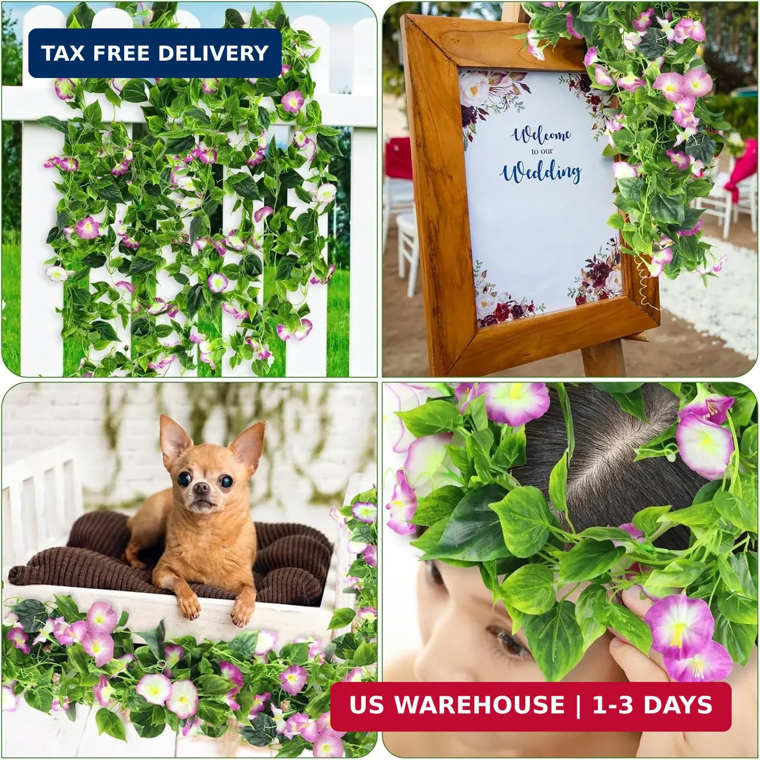 AirSun Artificial Morning Glory Flower Vines, 2pcs 15Feet Hanging Plants Silk Ga