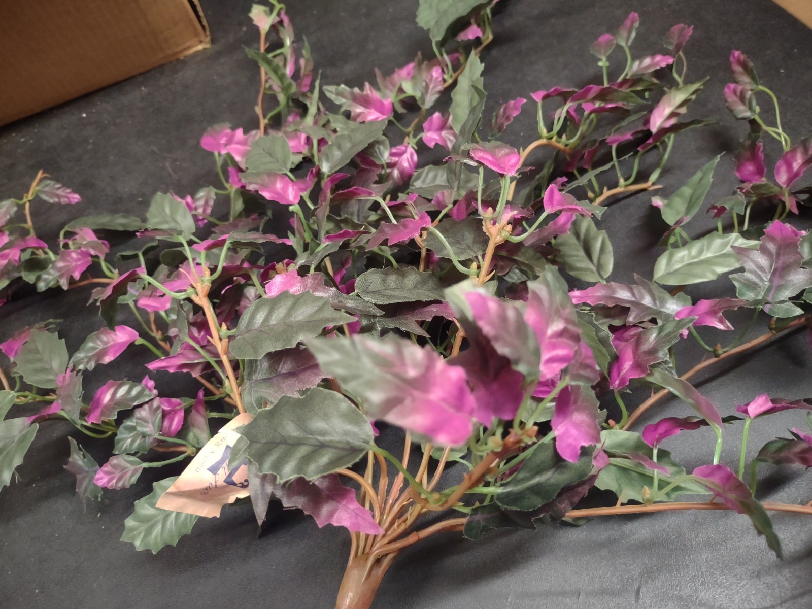 18″ Hanging Ivy Bush w/15 Wired Wood-Brown Branches, Purple & Green Silk Leaves
