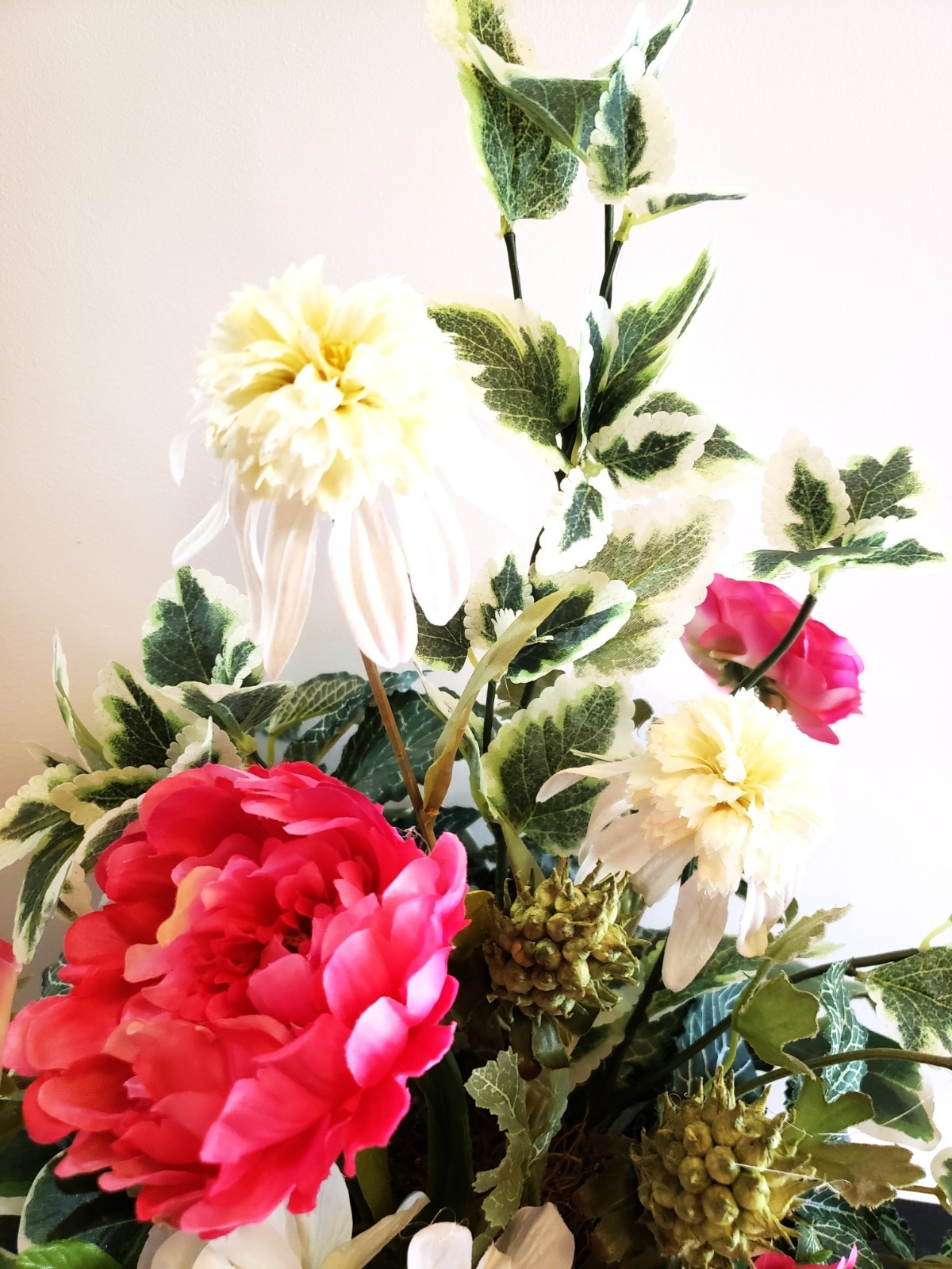 Hot Pink Peony & White Hydrangea Arrangement, Pink Spring Silk Floral