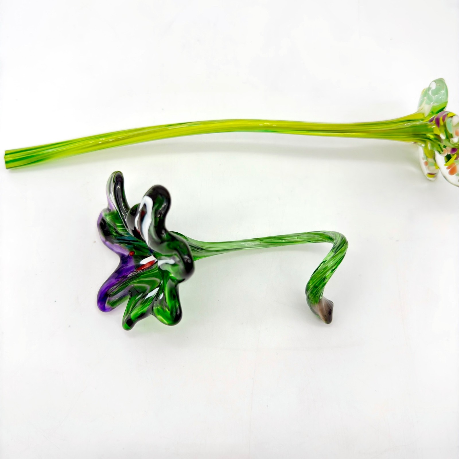 Vtg Hand Blown Art Glass Flowers Murano Style Green Purple Yellow Frit Set 2