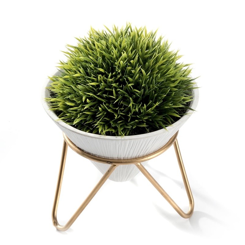 Faux Green Grass Plant in Ceramic Pot W/ Brass Metal Rack Home Office Decor New