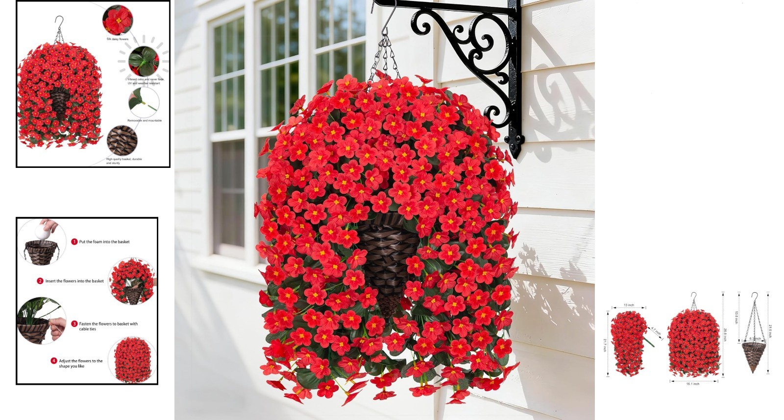 Vibrant Red Hanging Flowers in Sturdy UV-Resistant Basket – -Round Charm