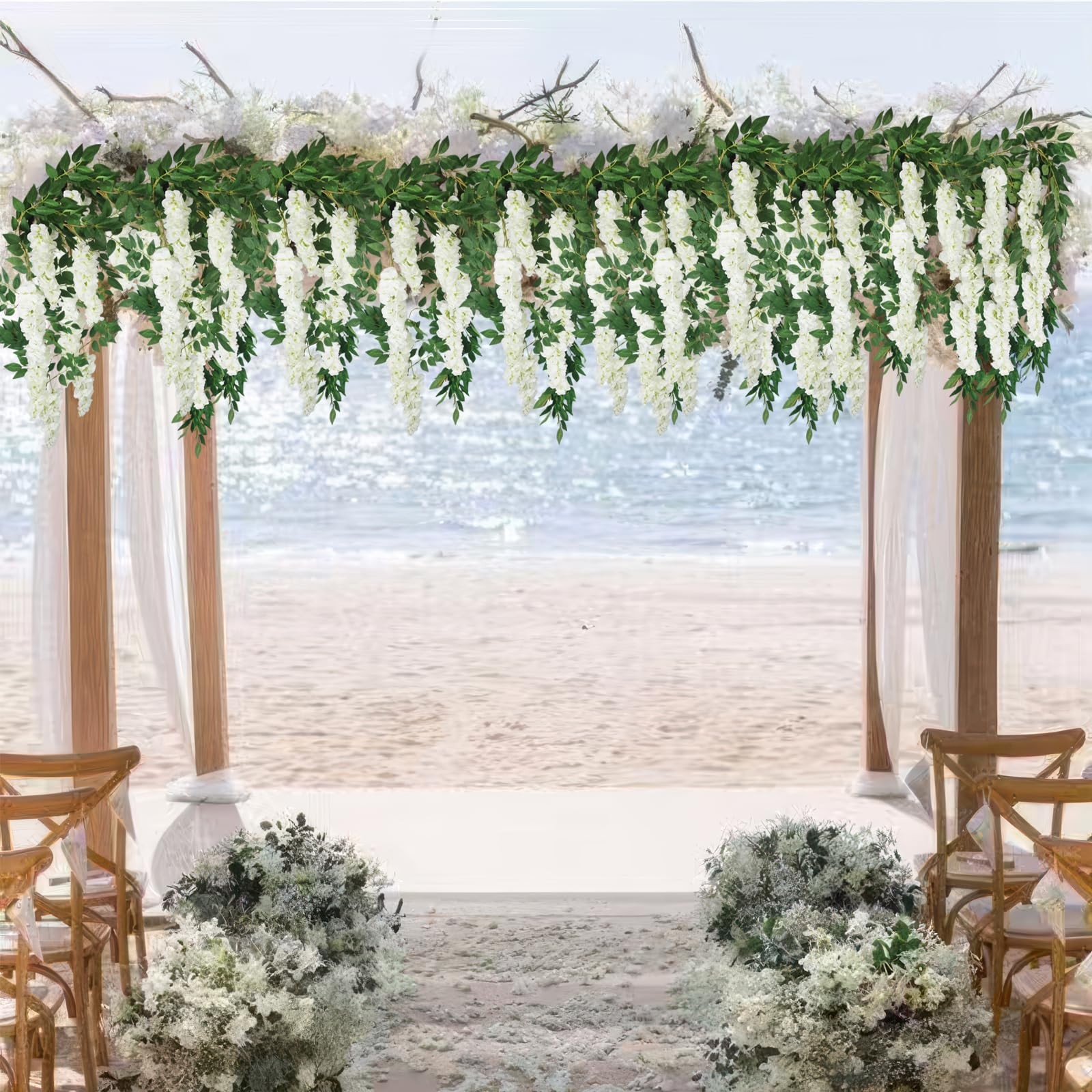 Wisteria Garland Artificial Flowers Floral Vines White 6.56 ft Silk Fake Wist…