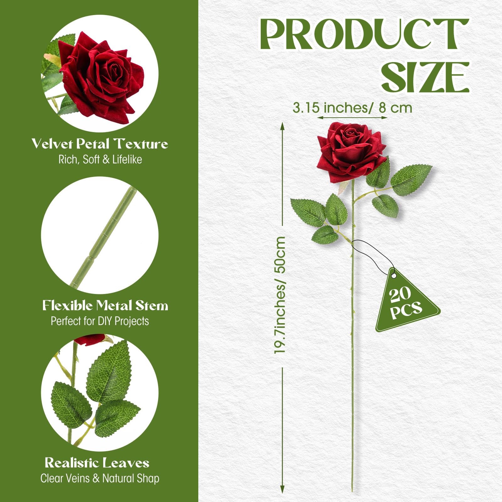 20 PCS Red Roses Artificial Velvet Flowers Fake Silk Rose Faux Floral Bouquet