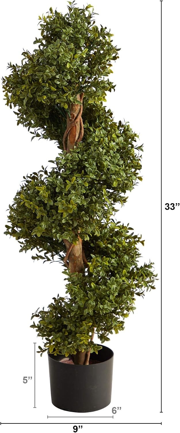 33in. Artificial Boxwood Spiral Topiary, Faux Greenery with Black Planter, In…